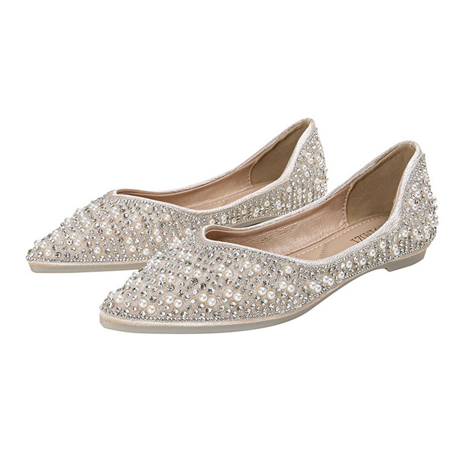 Daisred Flache Schuhe Abendschuhe Damen Elegant Hochzeitsschuhe Glitzer Sandalette Beige