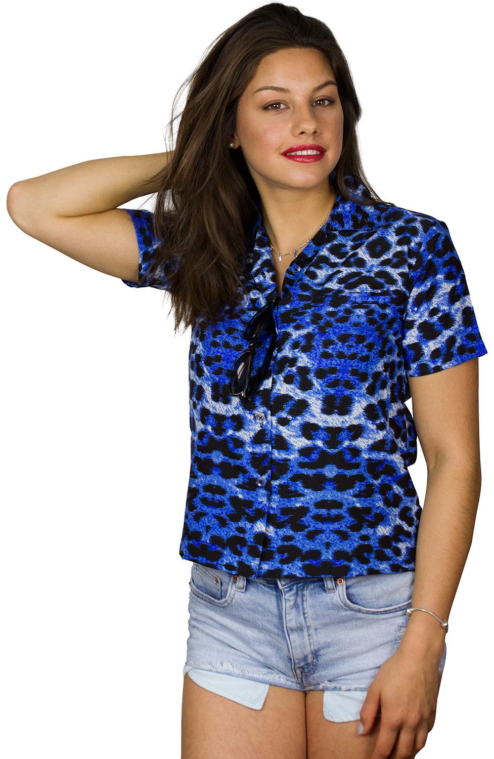 King Kameha Hawaiihemd Leopard Melone Funky Hawaiibluse Damen Kurzarm Front-Tasche Stylish