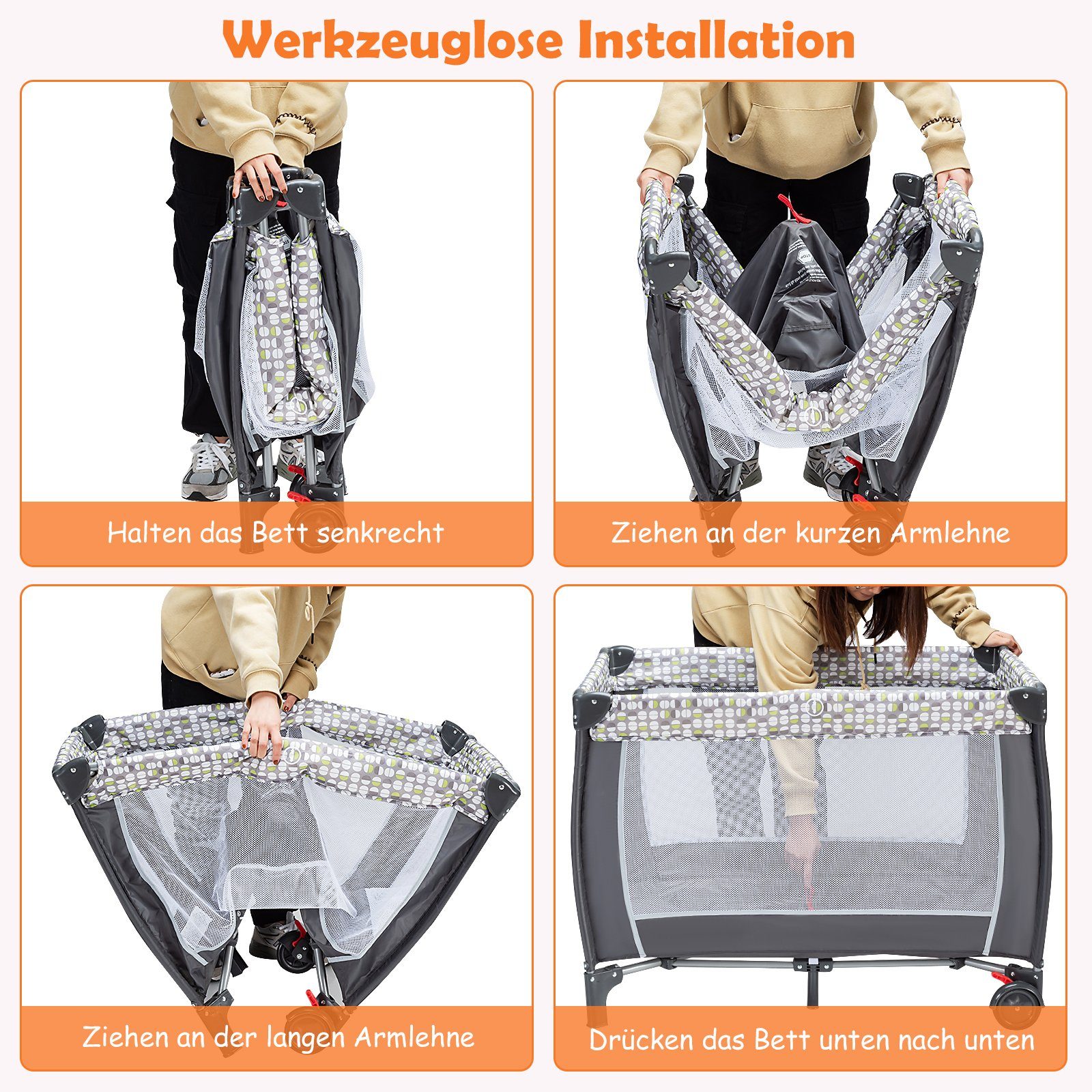 COSTWAY Baby-Reisebett, klappbar, mit abnehmbarem & verstellbarem Moskitonetz