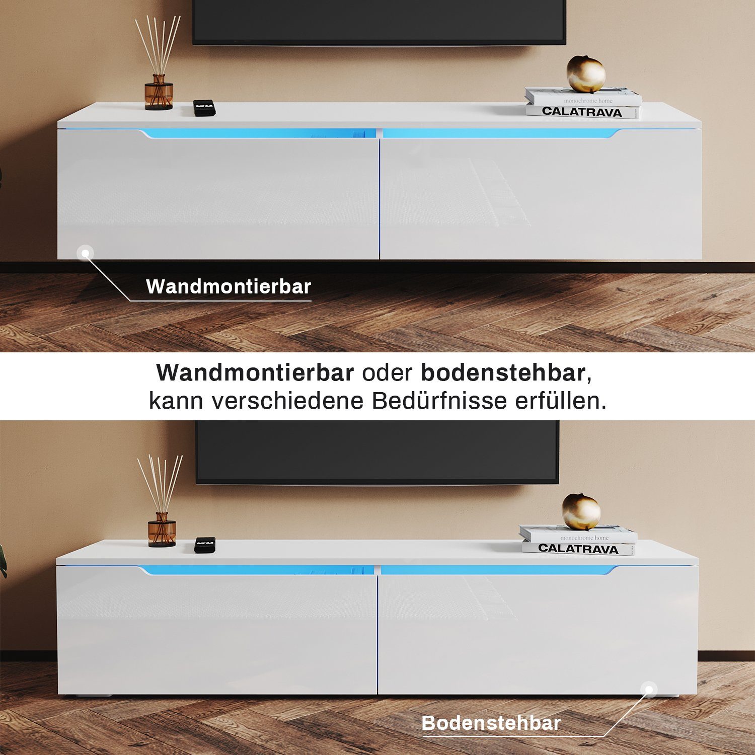 SONNI Sideboard TV Lowboard 140x35x30cm Weiß/Swarz mit LED-Beleuchtung, TV Schrank – Bild 3 von 5
