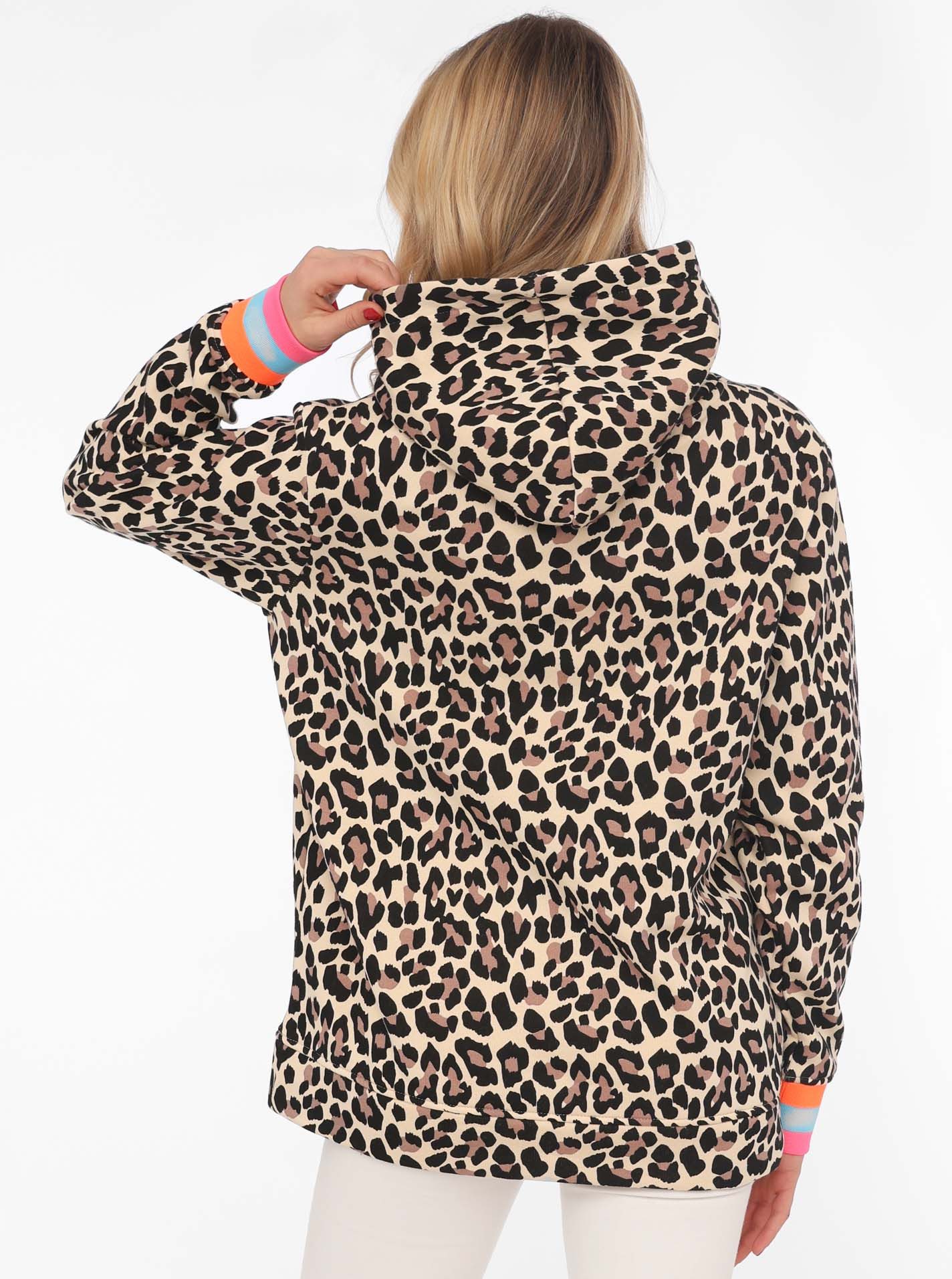 Zwillingsherz Hoodie "Leo Allover Neon Kante" mit Animal-Design und kontrastfarbigen Ärmelbündchen