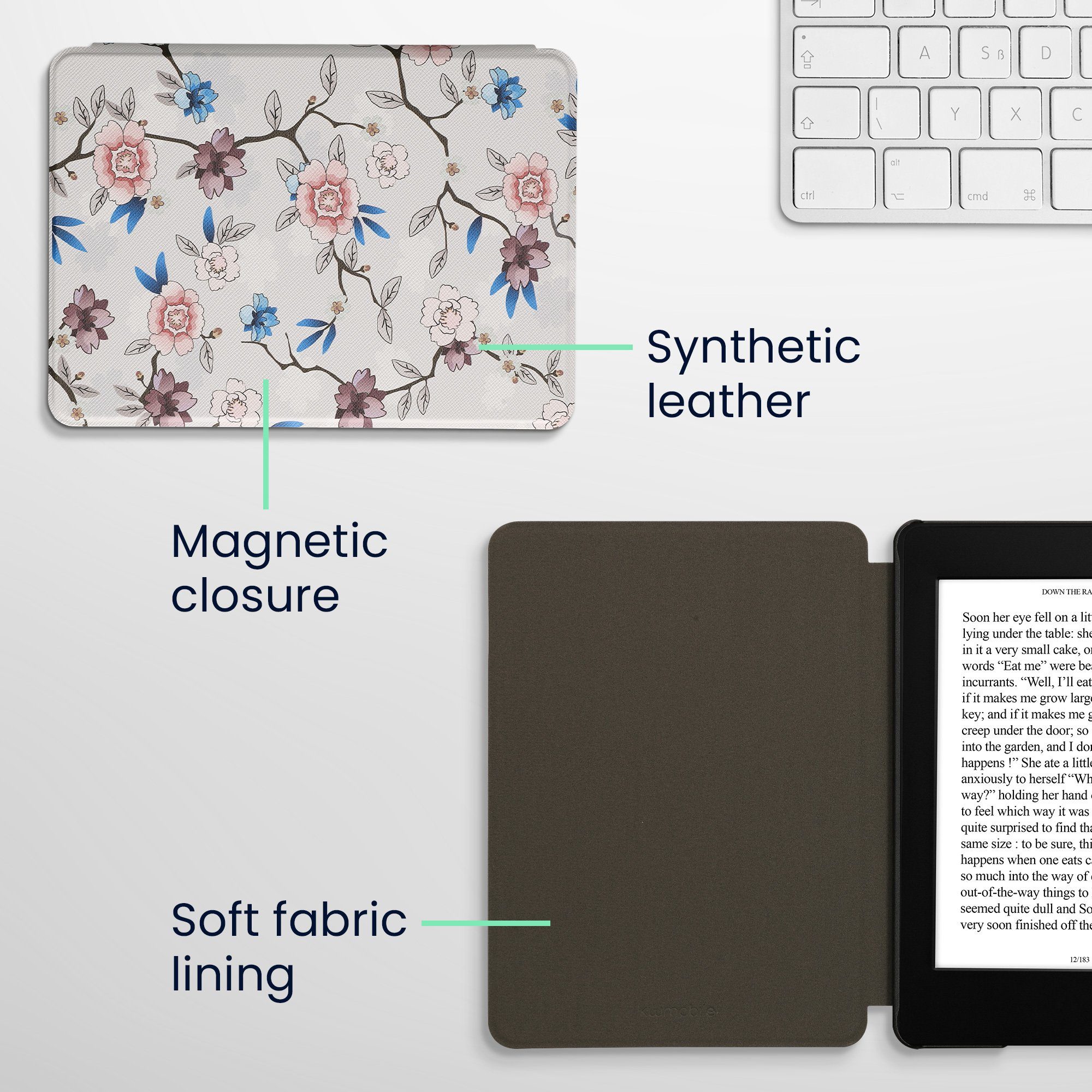 kwmobile E-Reader-Hülle Klapphülle für Amazon Kindle Paperwhite 11. Generation Hülle, eReader Case Blüten und Blätter Design Weiß Rosa Blau