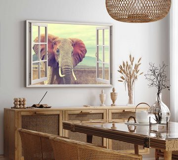Sinus Art Leinwandbild Wandbild 120x80cm Fensterbild Afrikanische Landschaft Natur Elefant Wi, (1 St)