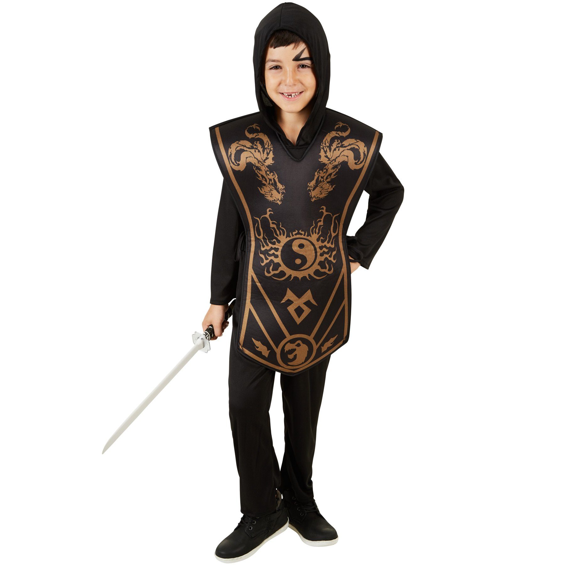 dressforfun Kostüm Schattenkrieger, auch Shinobi, in schwarz, Gr. 164 (13-14 Jahre), Kostüm aus Elastik-Jersey, Cooler Jumpsuit, Inkl. bedrucktem Überwurf