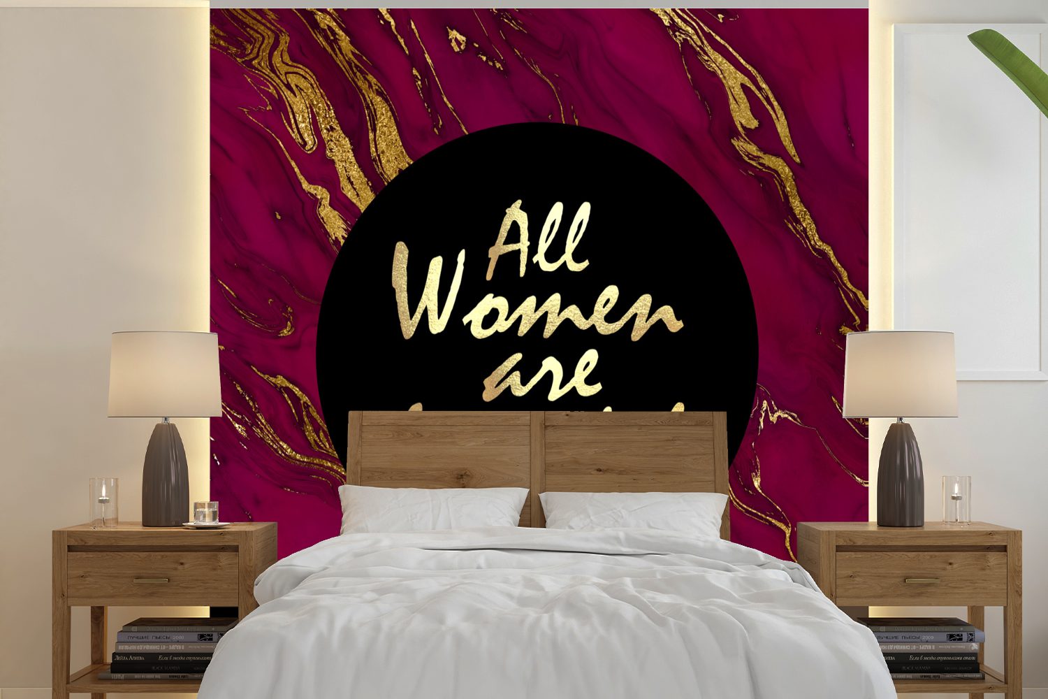 MuchoWow Fototapete Zitat - Frau - Gold - Bordeaux, Matt, bedruckt, (5 St), Vinyl Tapete für Wohnzimmer oder Schlafzimmer, Wandtapete