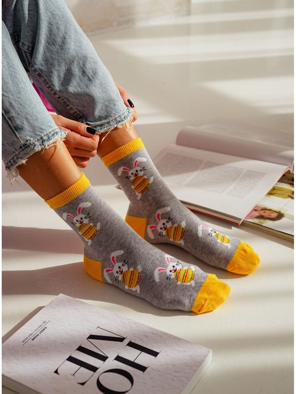 Lycille Шкарпетки stylische Langsocken 37/41 aus Baumwolle mit Hasen und Ei-Motiv (1 Paar) geformte Ferse, flache Nähte, Bündchen-Umfang 16cm-30cm, OSTERN