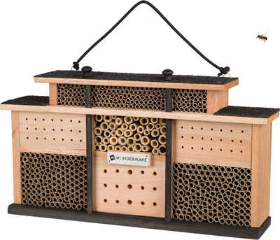 WONDERMAKE Insektenhotel aus Eukalyptus-Holz mit 7 Zimmern und Terrasse, Design Bienenhotel groß hängend Nisthilfe für Wildbienen, Bienenhaus Insektenhaus Wildbienenhotel, braun schwarz