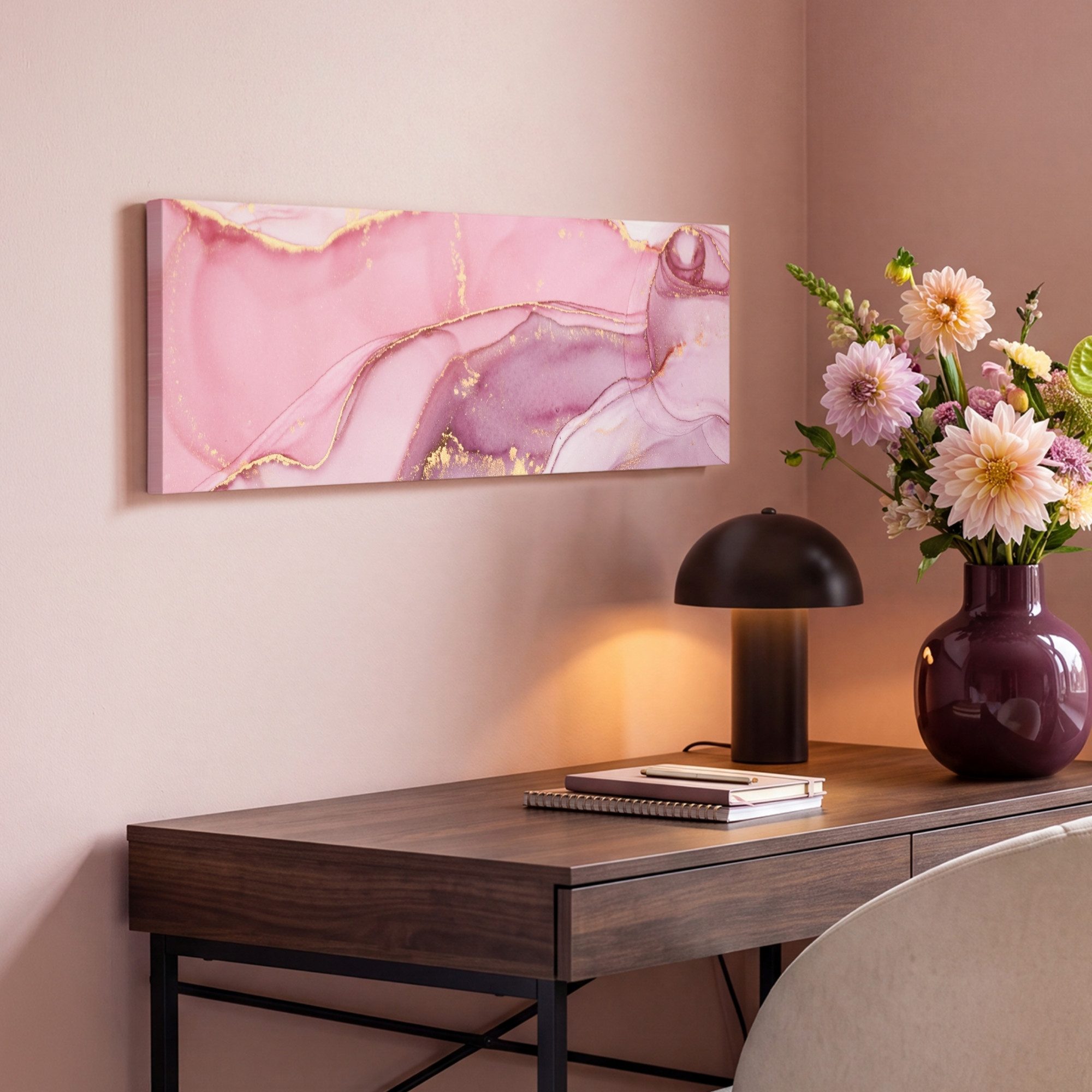 OneMillionCanvasses® Leinwandbild Panorama Gold - Marmor - Rosa, Fotodruck (1 St), Wandbild, Deko Schlafzimmer Wohnzimmer Flur 60x20 cm – Bild 4 von 5
