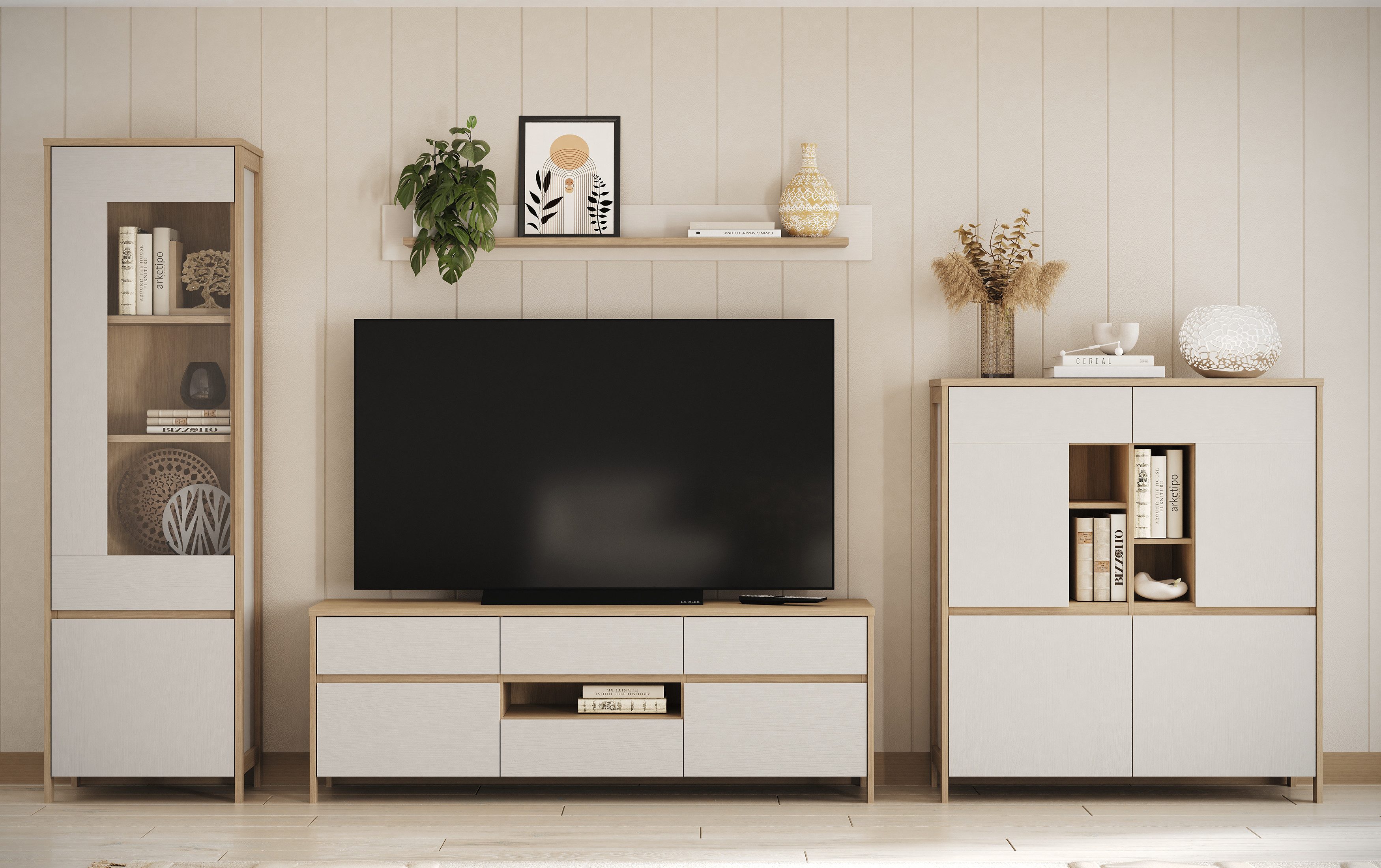 Home affaire Wohnwand Stranda, moderne Anbauwand, Komplettset im Scandi-Style, (4-St), enthält Vitrine, Lowboard, Highboard und Wandboard, 364 cm breit