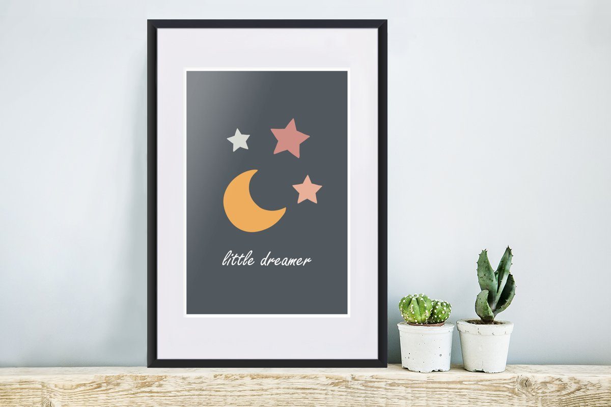 Träumer Poster Kunstdruck, Schwarzem Bilderrahmen Sterne Mond St), - Rahmen, Poster, - Zitate - (1 Kleiner Kind, MuchoWow Gerahmtes - mit