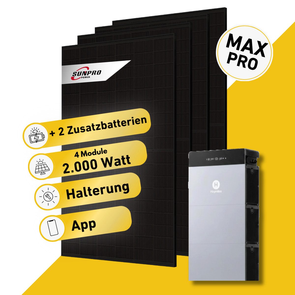 Balkonstrom Balkonkraftwerk MAX Pro 2000 Watt Solaranlage mit Speicher Komplettset Bifazial, 2000 W, Monokristallin, (4x Sunpro Solarmodul á 500 Watt, 1x Hoymiles HiBattery 4020 X, 1-3 Zusatzspeicher HB-4020-S), Halterung für Dach, Fassade, Balkon & Garten, App & Plug&Play DE