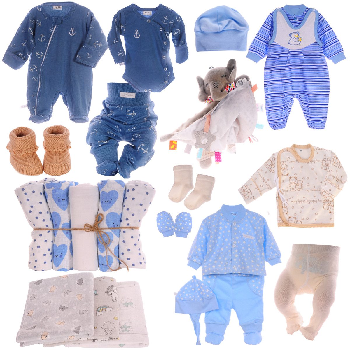 La Bortini Starterpaket Erstausstattungspaket Baby Set 23 Tlg Body Hose Strampler Strumpfhose (Geschenk zur Geburt für Jungen, Bekleidung für Neugeborene) aus Baumwolle, ein Geschenk zur Geburt, Paket in Blau 44 50 56 62 68