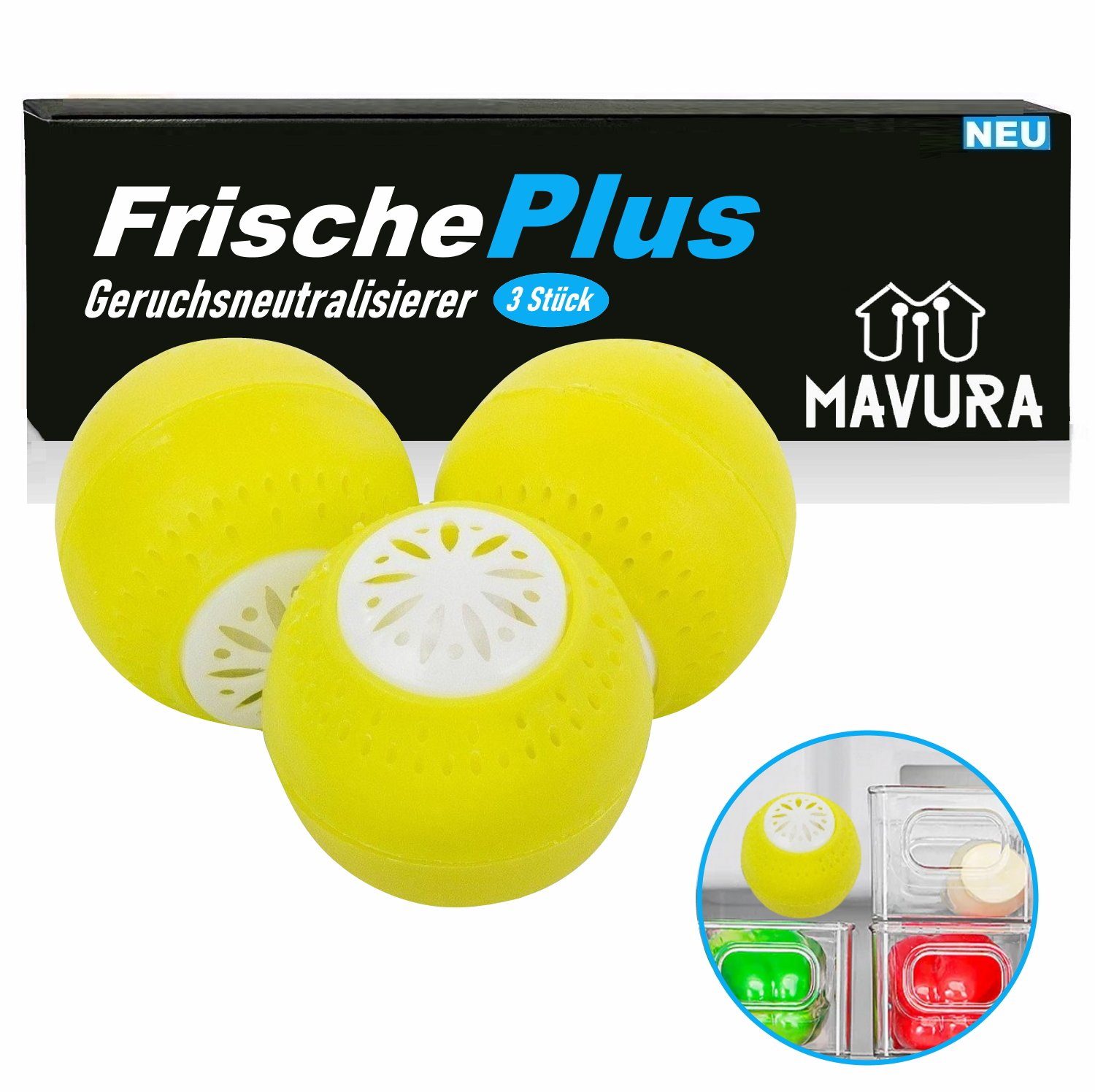 MAVURA Geruchsfilter FrischePlus Natürlicher Geruchsneutralisierer Kühlschrank, Bälle Kugeln Aktivkohle Geruchsentferner [3er Set]