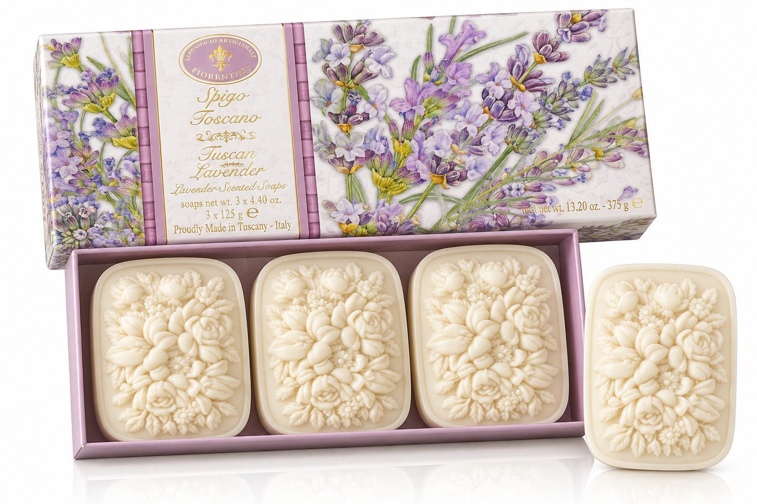 Saponificio Artigianale Fiorentino Handseife Lavendel, Duftseifen aus der Toskana im dekorativen Geschenkset