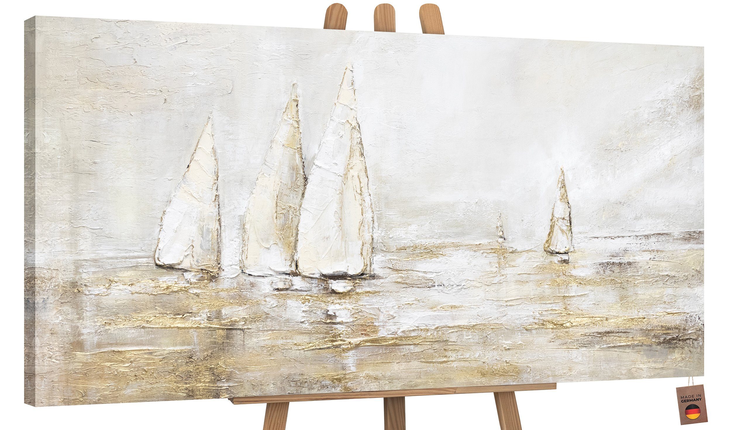 YS-Art Gemälde Sonnenblendung, Landschaftsbilder, Gold Segelboote Meer Wasser Leinwand Bild Handgemalt Ohne Schattenfugenrahmen