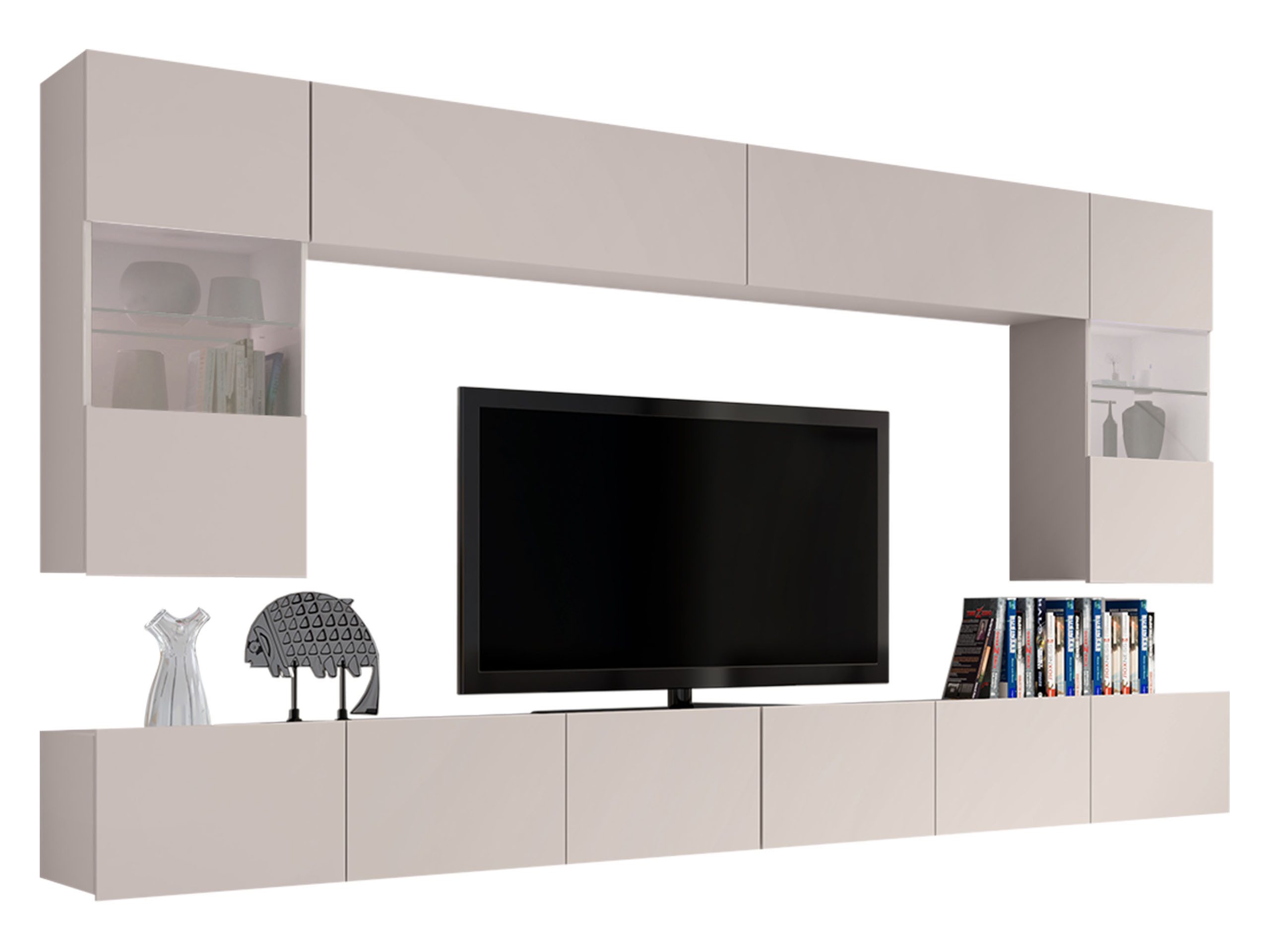 MIRJAN24 Wohnwand Calabrini I, (6er-Set, 2x TV-Lowboard, 2x Wandregal, 2x Hängevitrine), LED-Beleuchtung als Option