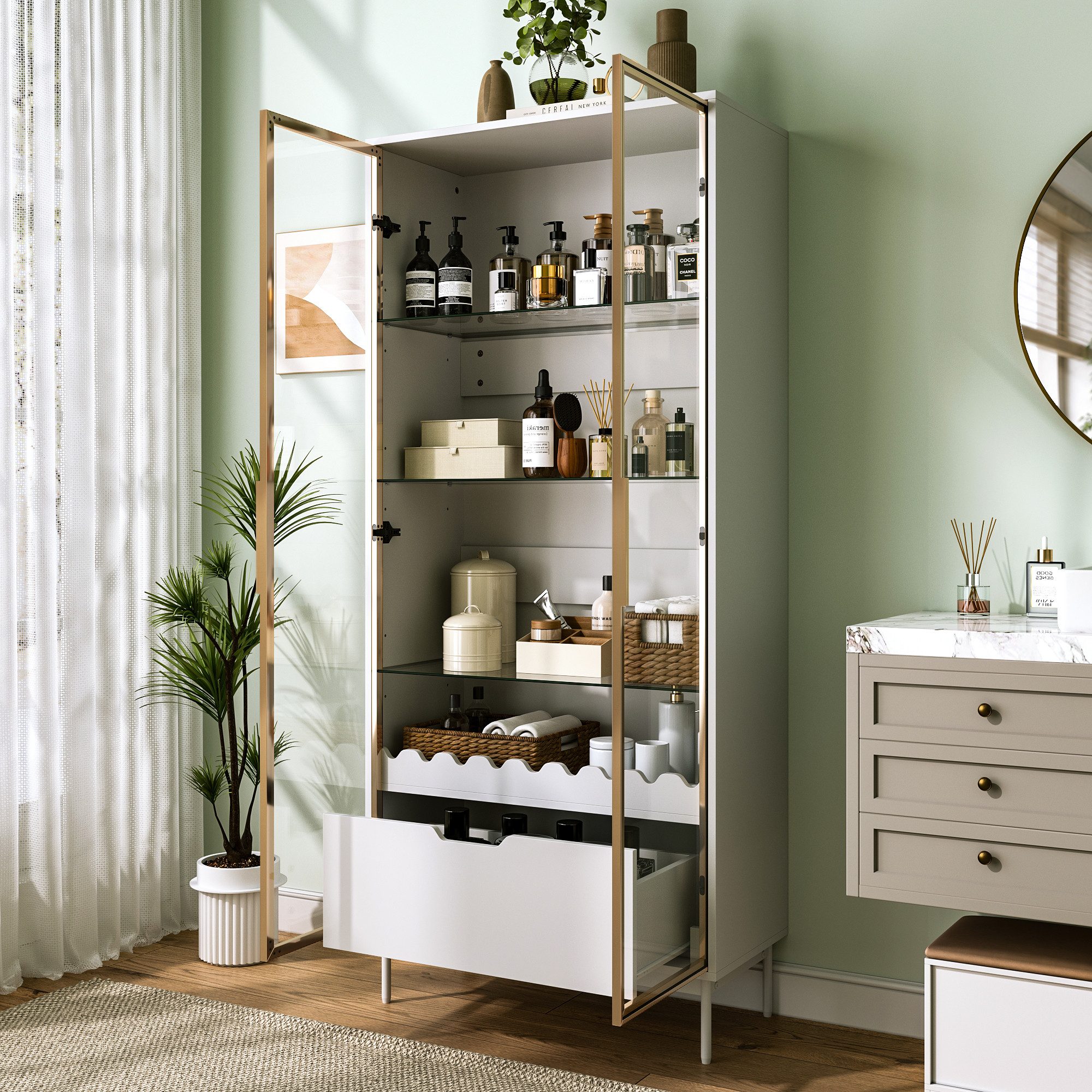 Odikalo Hochschrank Badkommode Badezimmerwaschtisch Küchenschrank mit Stauraum (mit Glastür höhenverstellbaren Glasregalen mit Schublade Wellendekor Metallfüßen–geeignet für Wohnzimmer Schlafzimmer und Flur) 75 L x 35 B x 170.8H(cm)
