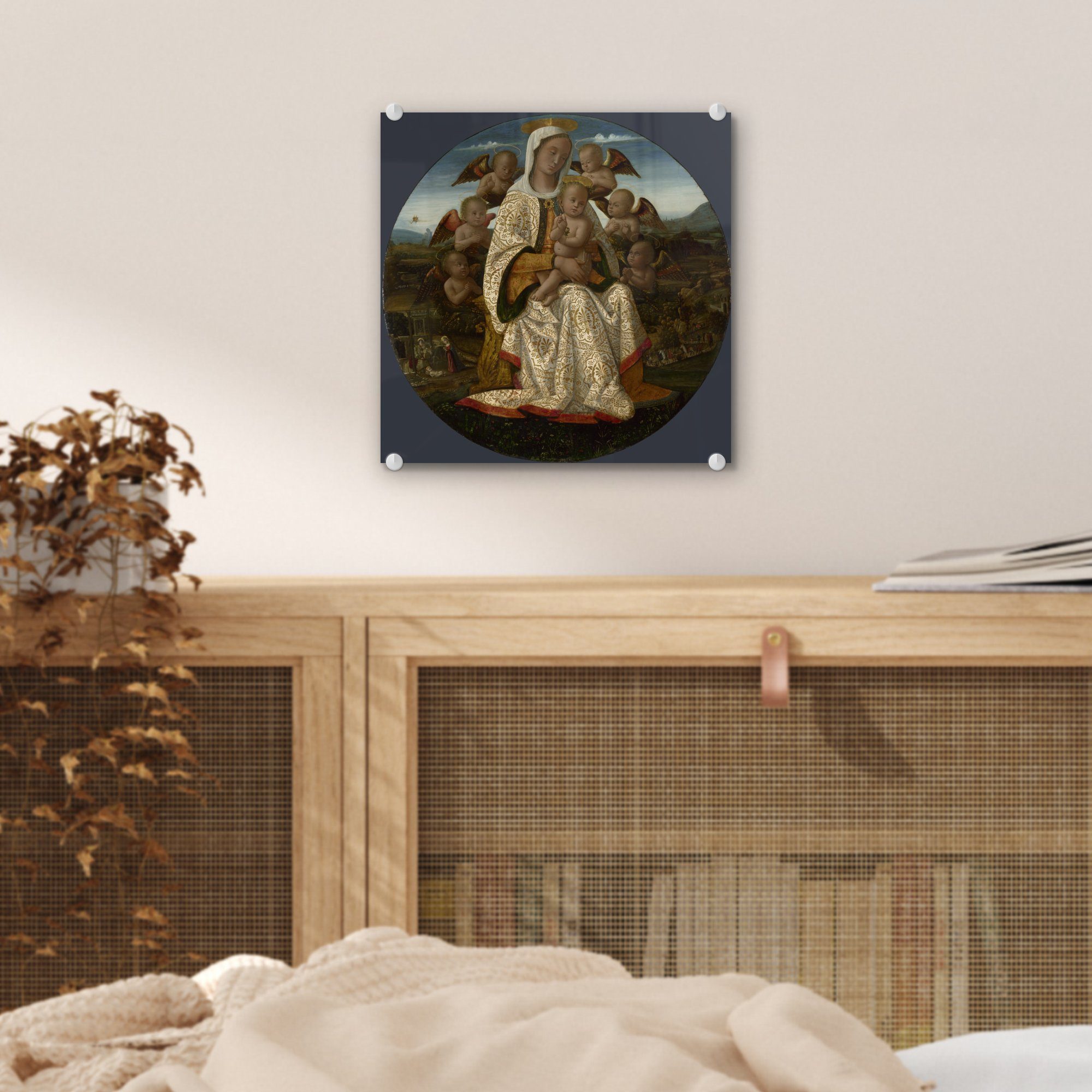 Die Wandbild - Jungfrau auf St), mit Fungai, - auf Acrylglasbild den MuchoWow Kind Cherubim - Bilder Glas dem Wanddekoration und Glasbilder (1 Glas Bernardino Foto -