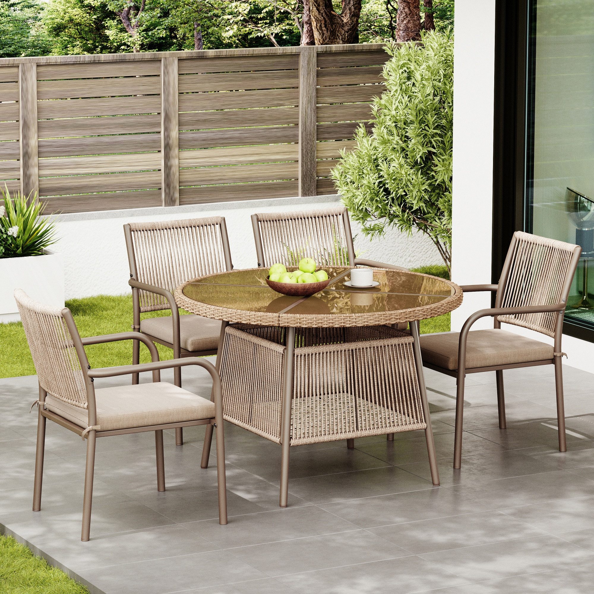 MODFU Sitzgruppe Garten-Set mit elegantem Glastisch für luftige Atmosphäre, (Set, 5-tlg., Wetterbeständig und für den Einsatz auf verschiedenen Außenflächen), 5-tlg. aus Rattan mit Eisengestell, Tisch 110x110x74 cm