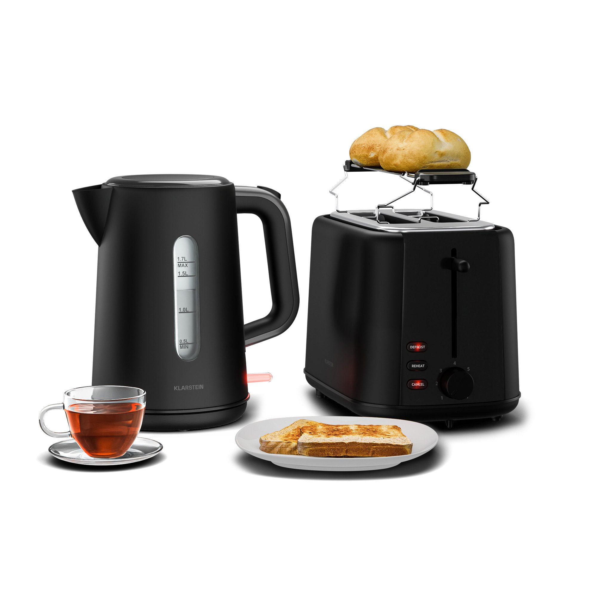 Klarstein Frühstücks-Set Velaire (2-tlg), Toaster mit Brötchenaufsatz 800W Wasserkocher 1,7 L 2200W Schwarz