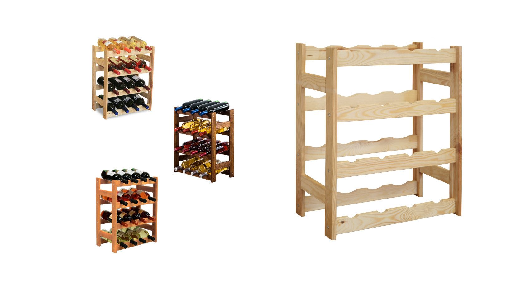 Modo24 Weinregal Flaschenregal Holzregal Flaschenständer Varianten 12 bis 91 Flaschen, RW1 Getränkeregal, 3 Farben, FSC Holz Nachhaltig