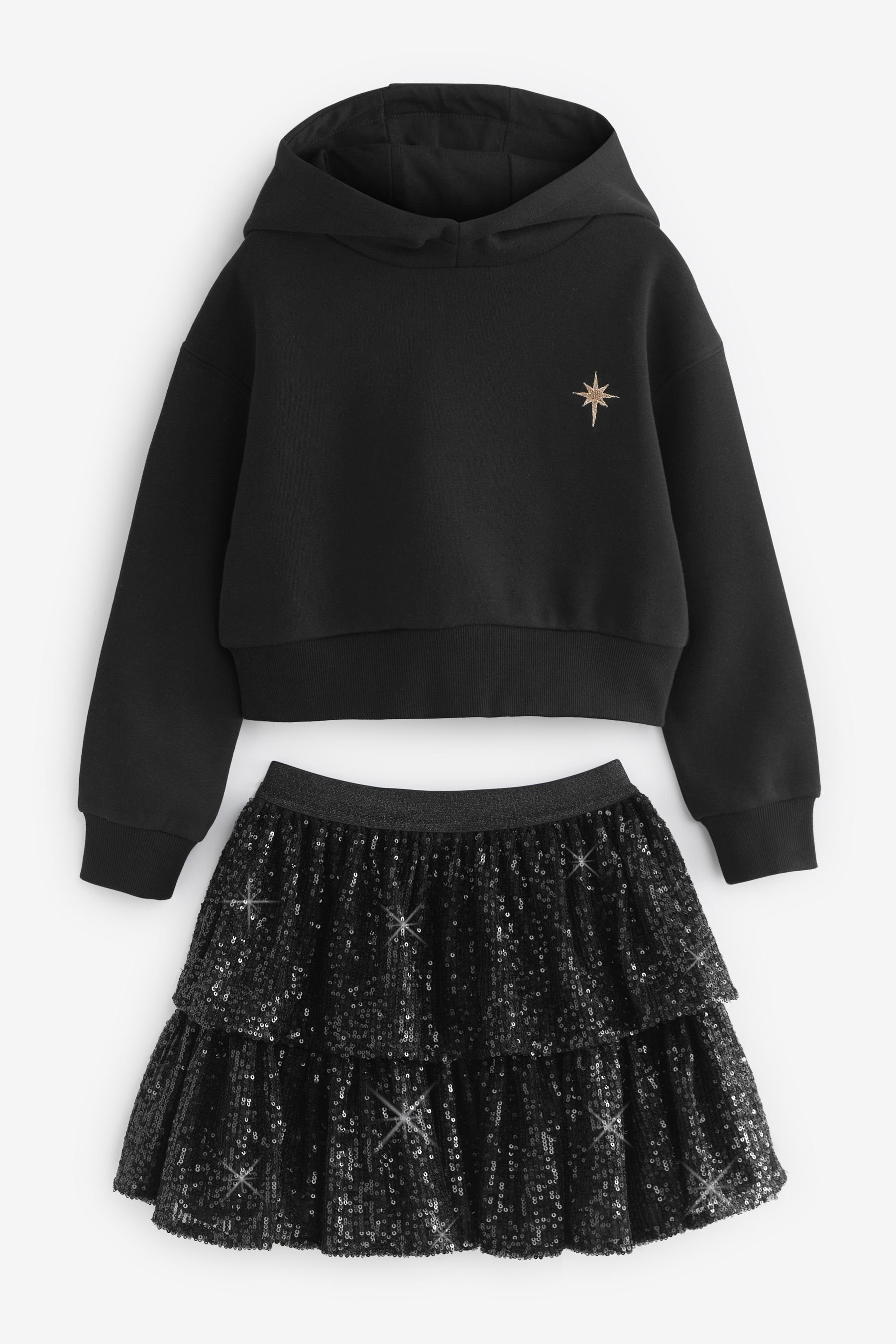 (2-tlg) Black Cropped-Kapuzenpulli gestuftem & Next Rock mit Paillettenrock Shirt