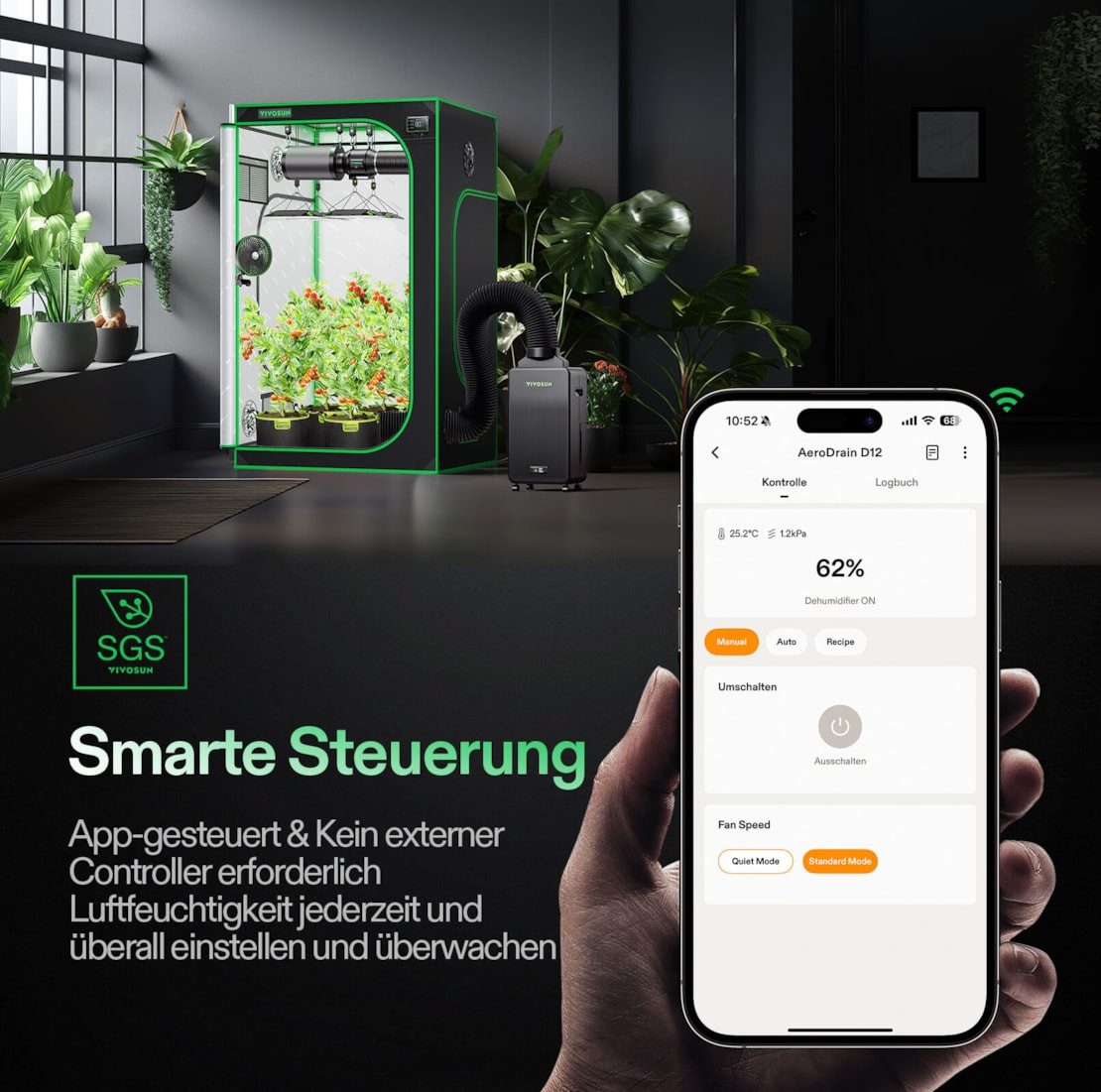VIVOSUN Luftentfeuchter VIVOSUN AeroDrain D12 Smarter Luftentfeuchter, Tank 2 l, mit Temperatur- und Luftfeuchtigkeitssensor