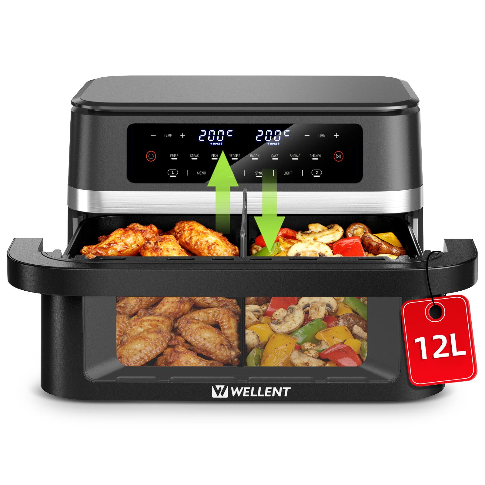 WELLENT Heißluftfritteuse XXL Airfryer mit herausnehmbarem Trenner, SHAKE‑Erinnerung, Sichtfenster, Sync‑Finish & 8 Programm, 2950 W, - spart Zeit&Energie, perfekt für Familien, WG, Feiern & Meal‑Prep
