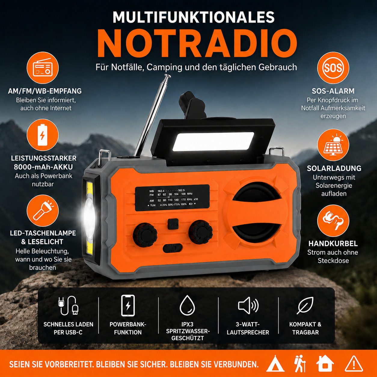 Tekoo Notfallradio Kurbelradio mit 4000mAh Powerbank & Solarpanel Notfallradio (AM, FM, Wetterradio (WB), manuelle Sendersuche, 2 W, 4000mAh Akku, 3 Beleuchtungsmodi, IPX3, Notfall-Wetterradio)