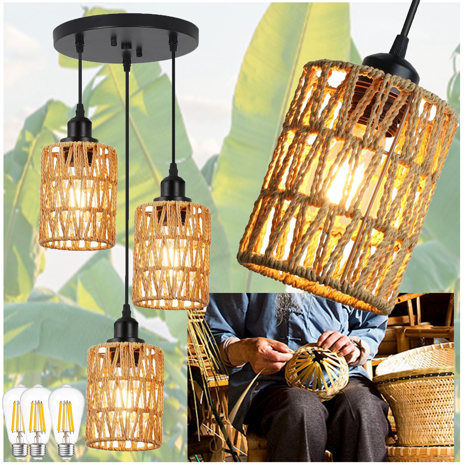 MUPOO LED Pendelleuchte 1/3-flammige Rattan Deckenlampe günstig online kaufen