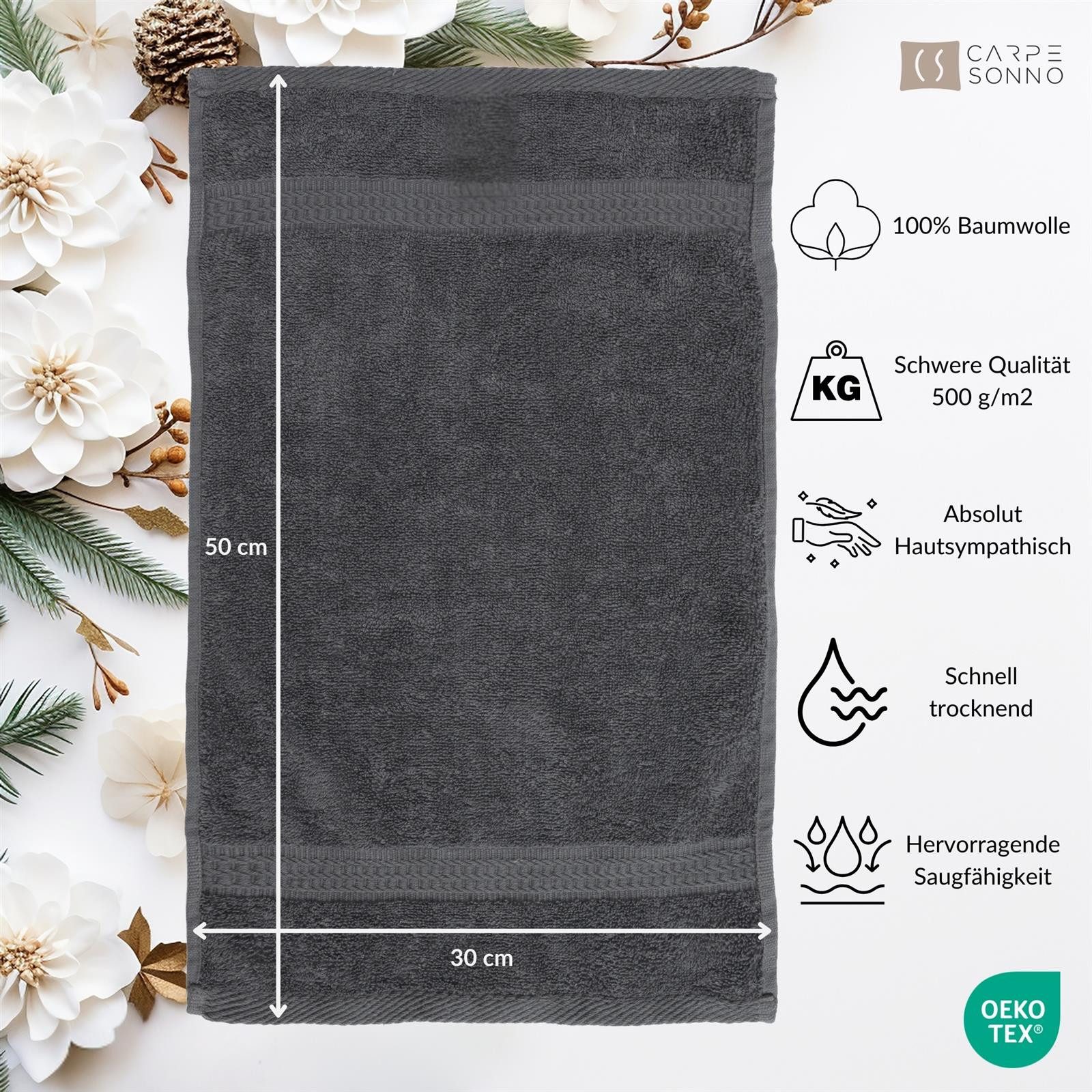 Carpe Sonno Gästehandtücher 30x50 cm 8x Gästetuch Set 100% Baumwolle Frottier Handtücher 500 g/m2, Frottier (Spar-Set, 8-St), Extra Soft & Weich, Saugfähig, Schwer, Atmungsaktiv, schnell trocknend