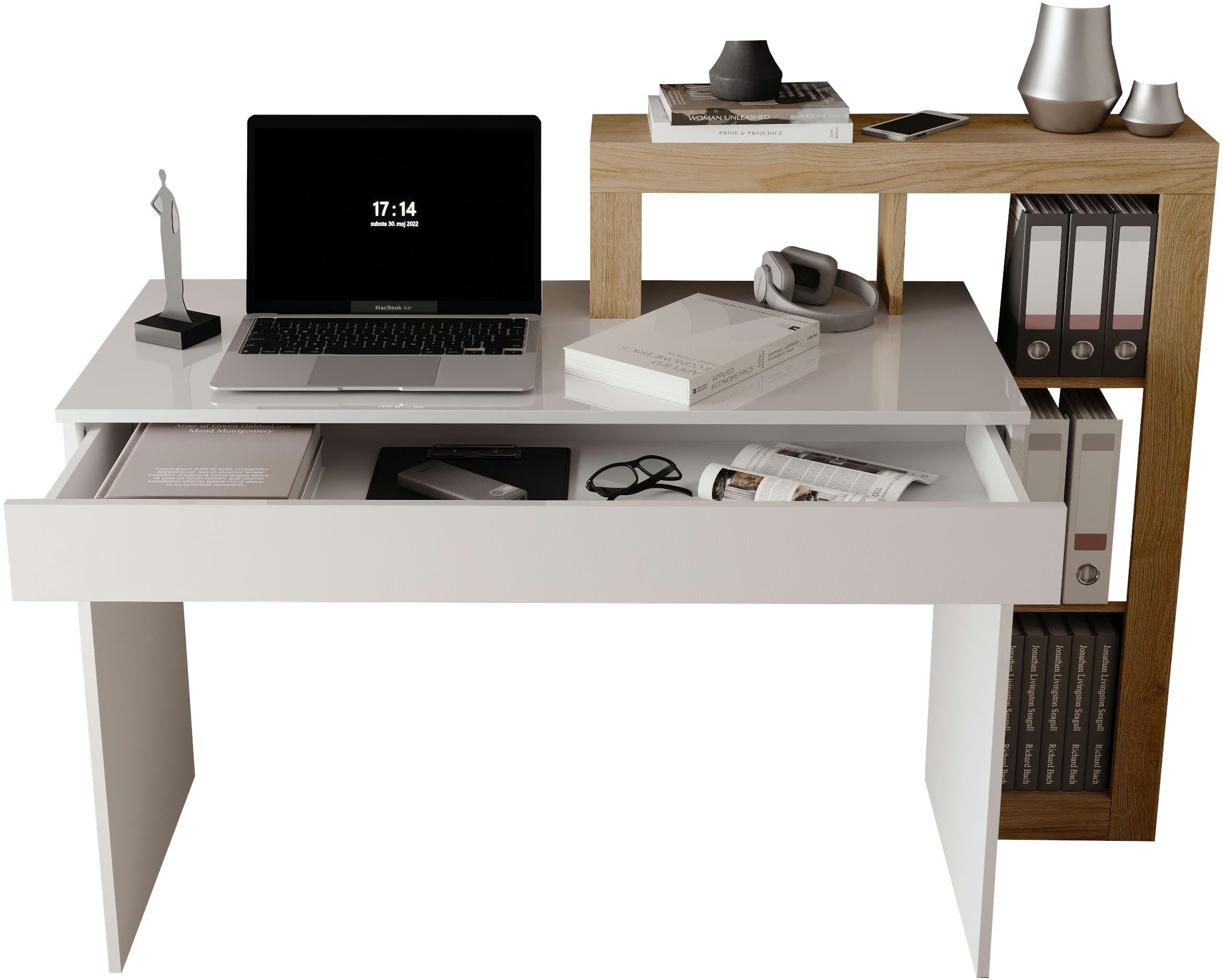 INOSIGN Schreibtisch Hamburg, Breite 138 cm, Tiefe 50 cm, mit Schubkasten u. Aufsatz/Regal, Computertisch, Arbeitstisch, Schminktisch, Arbeitsplatz, 4 Fächer