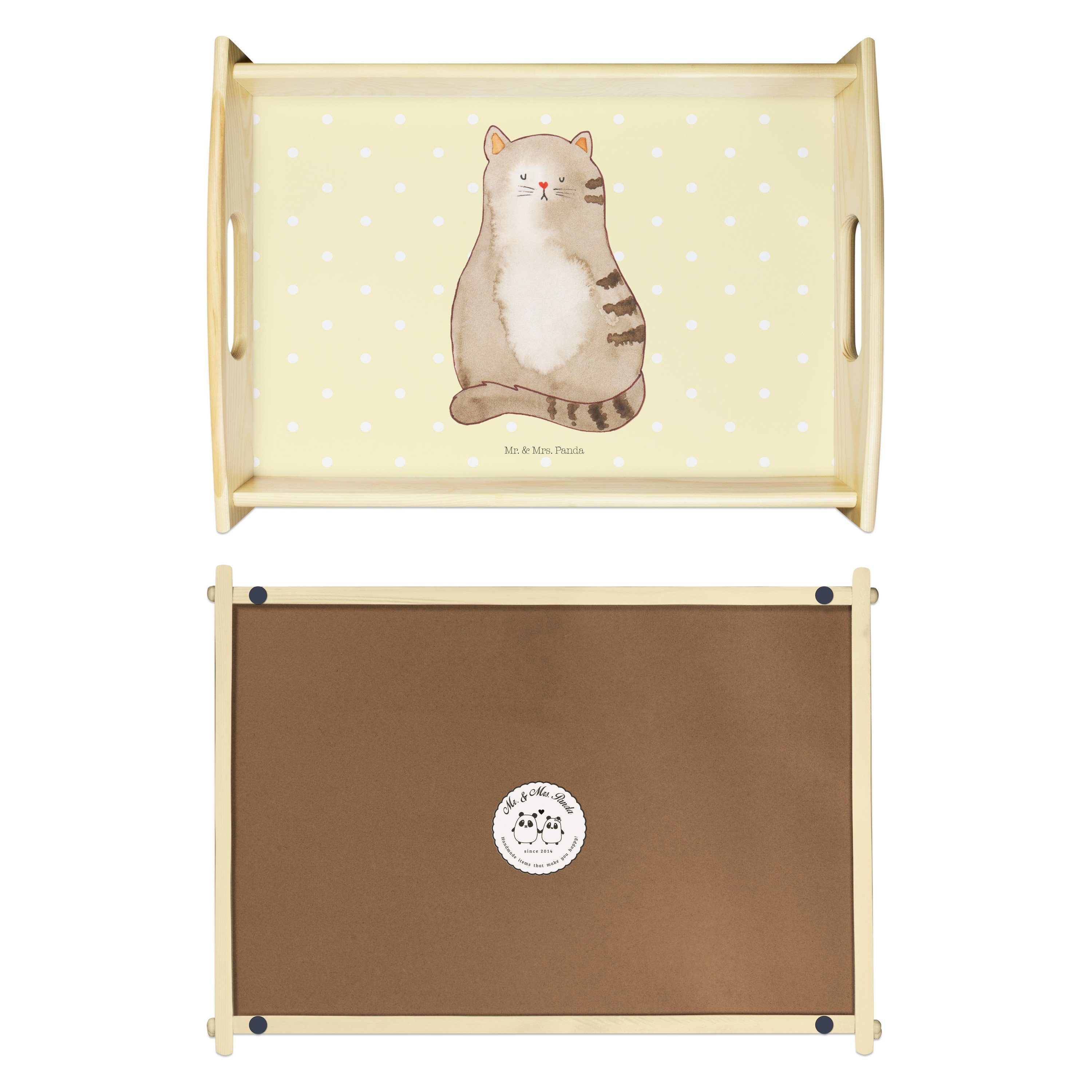 Mr. & Mrs. Panda Tablett Pastell sitzend Echtholz Geschenk, Katze Gelb - Dekotablett, (1-tlg) - lasiert, Küchentablett