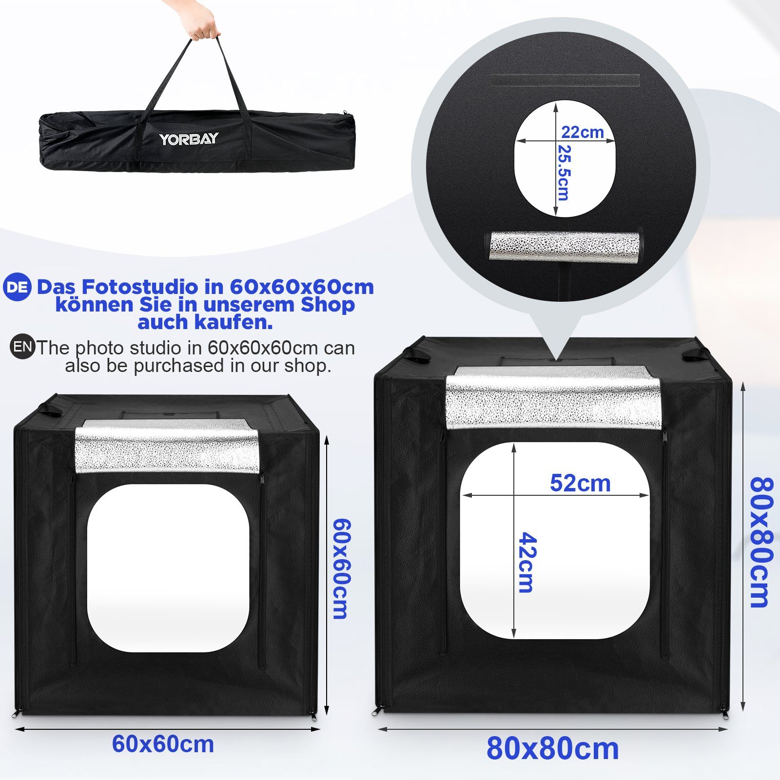 Yorbay Fotostudio-Box Fotostudio Set 80 x 80 x 80cm LED Lichtbox Lichtwürfel Fotografie, Lichtzelt inkl. 4 PVC-Hintergrundfolien(schwarz,rein weiß,grau,orange)