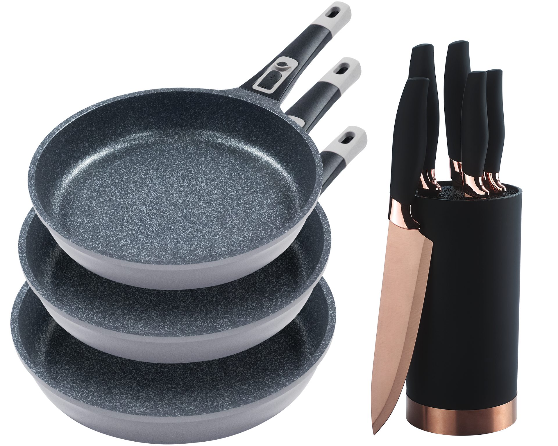 KING Pfannen-Set »Moonscape 3er«, inkl. Messer-Set, Aluminiumguss (Set, 9-tlg., 3 Pfannen, 5 Küchenmesser, 1 Messerblock), Induktion, abnehmbarer Griff, MOONSCAPE-Beschichtung