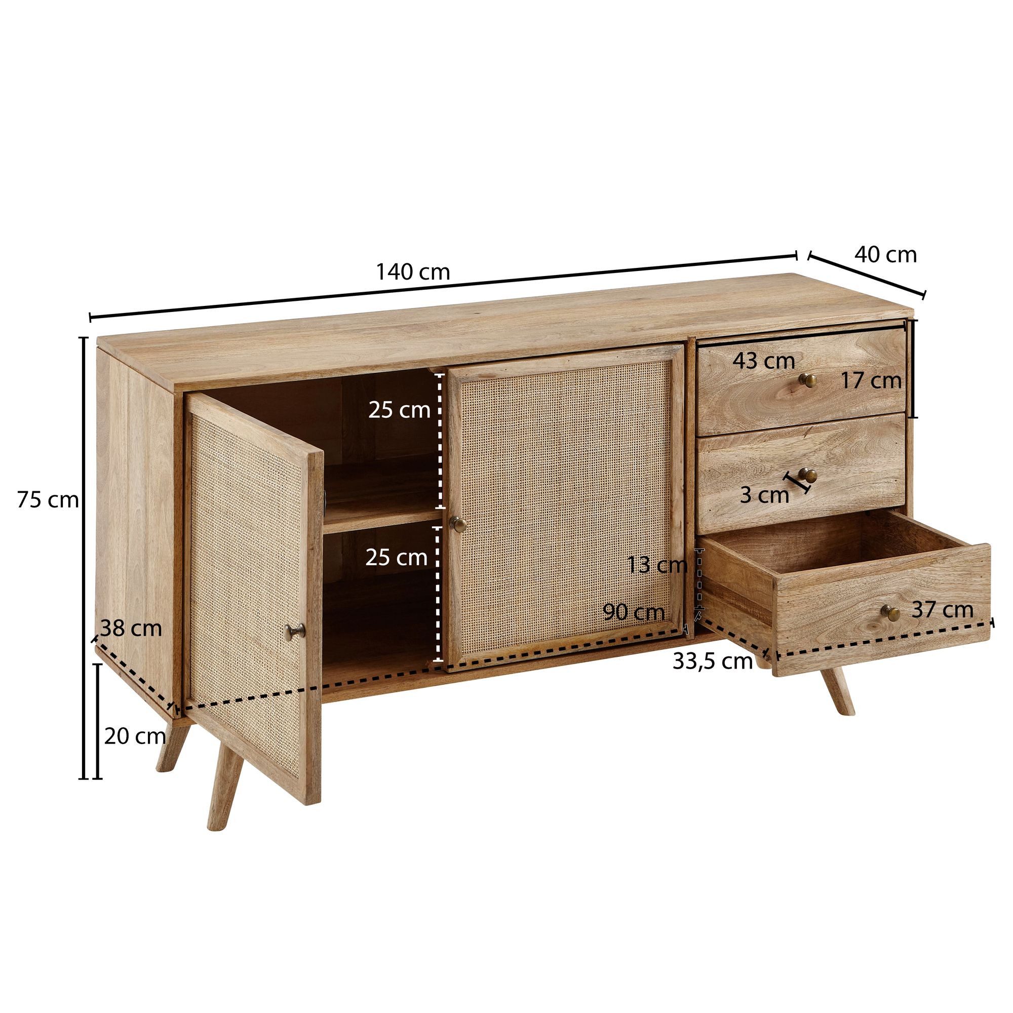FINEBUY Sideboard FB60956 Massivholz 140cm 2 Türen 3 Schublade Kommode Wiener Geflecht (140x75x40 cm Mango Massivholz / Rattan Anrichte), Kommode 3 Schubladen, Hoher Kommodenschrank