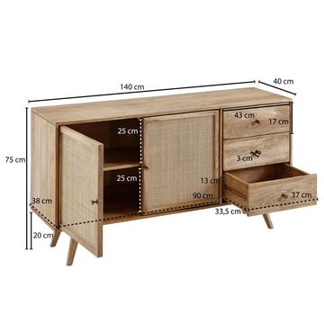Wohnling Sideboard WL6.159 (140x75x40 cm Mango Massivholz / Rattan Anrichte), Kommode 3 Schubladen, Hoher Kommodenschrank