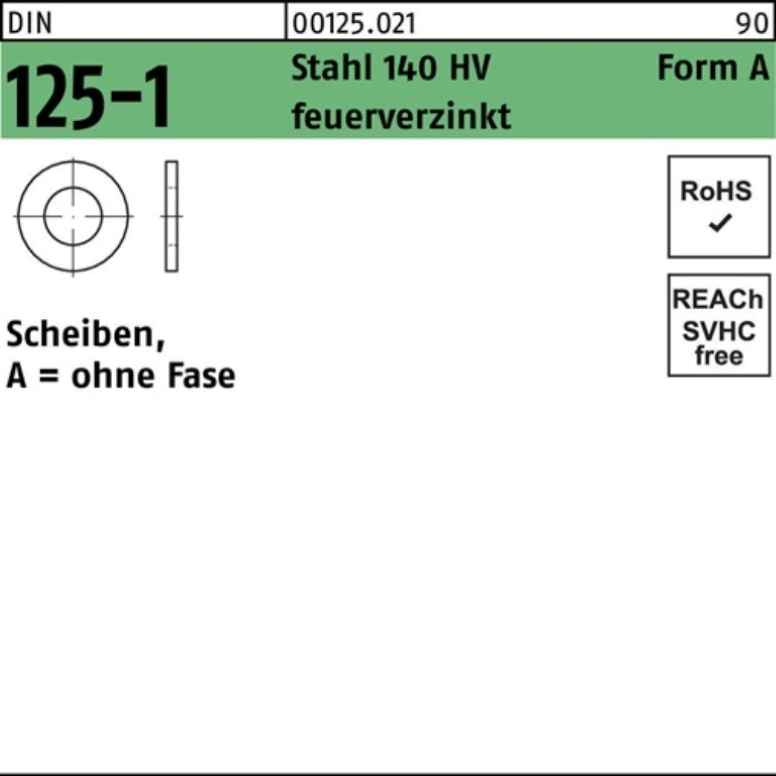 Reyher Unterlegscheibe 100er Pack Unterlegscheibe DIN 125-1 A 21x37x3 Stahl 140 HV feuerverz. | Unterlegscheiben