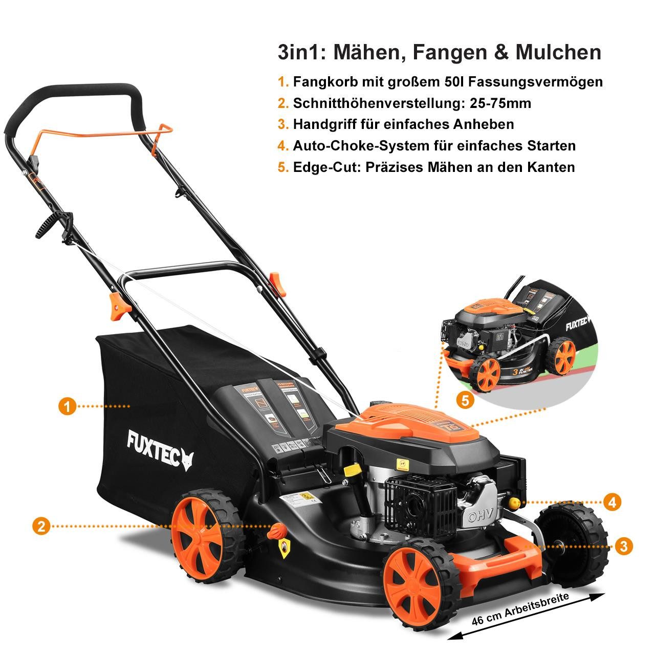 FUXTEC Benzinrasenmäher FX-RM4646ECO, 45,7 cm Schnittbreite, 25-75mm Schnitthöhe, 50L Fangkorb, aerodynamischer Frontbumper – Bild 5 von 5