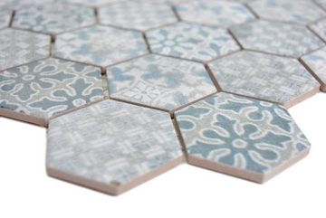 Mosani Mosaikfliesen Hexagonale Sechseck Mosaik Fliese Keramik blau grau weiß