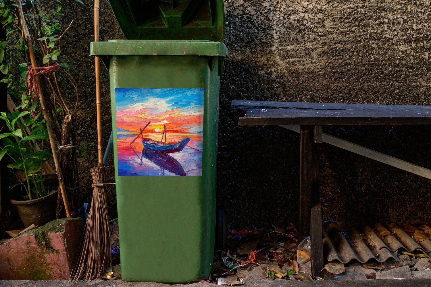 MuchoWow Wandsticker Malerei - Container, St), (1 Mülltonne, Sticker, - - Abfalbehälter Mülleimer-aufkleber, Ölfarbe Boot Wasser