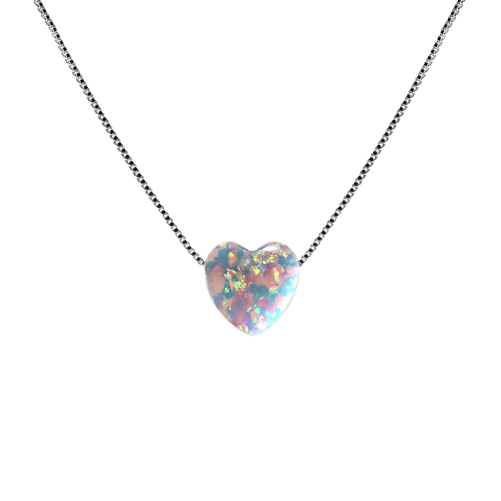 Kette mit Anhänger Weiße Opal Herz Halskette mit 925 Sterling Silber Box Kette