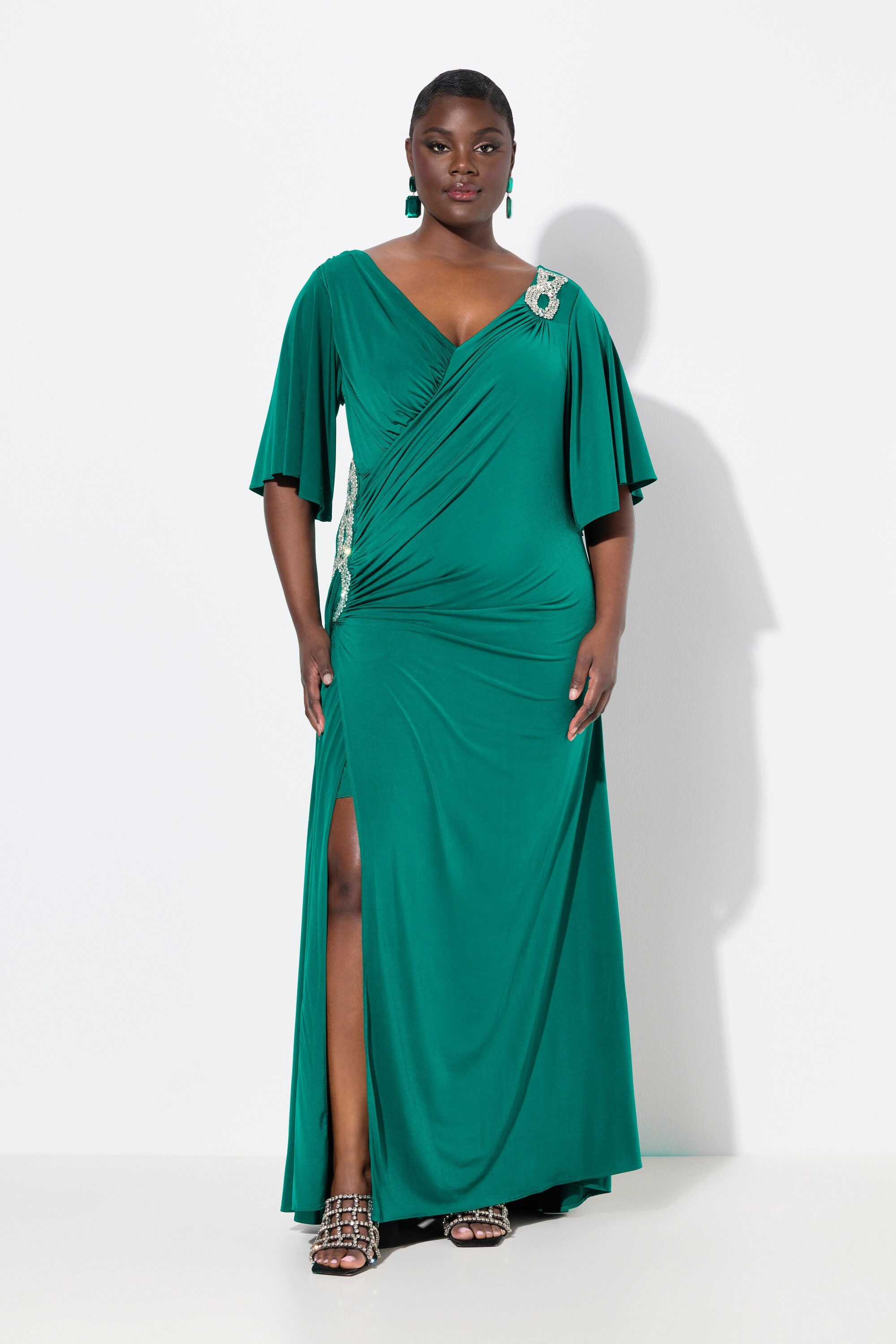 Ulla Popken Cocktailkleid Maxikleid Drapierung V-Ausschnitt günstig online kaufen