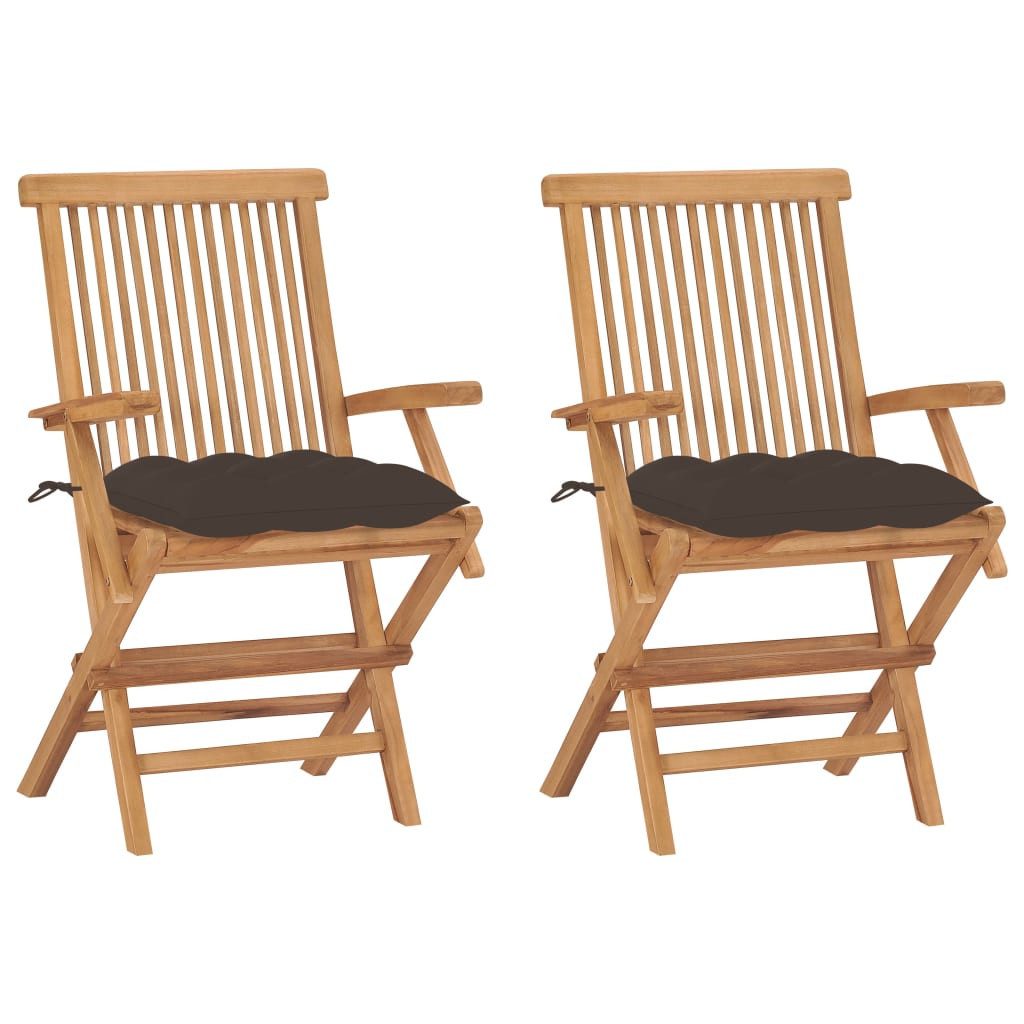 furnicato Gartenstuhl 2er Set aus Naturholz mit Taupe Kissen, 55x60x89 cm (2 St), Witterungsbeständige Sitzbank, klappbar und mit bequemen Polstern