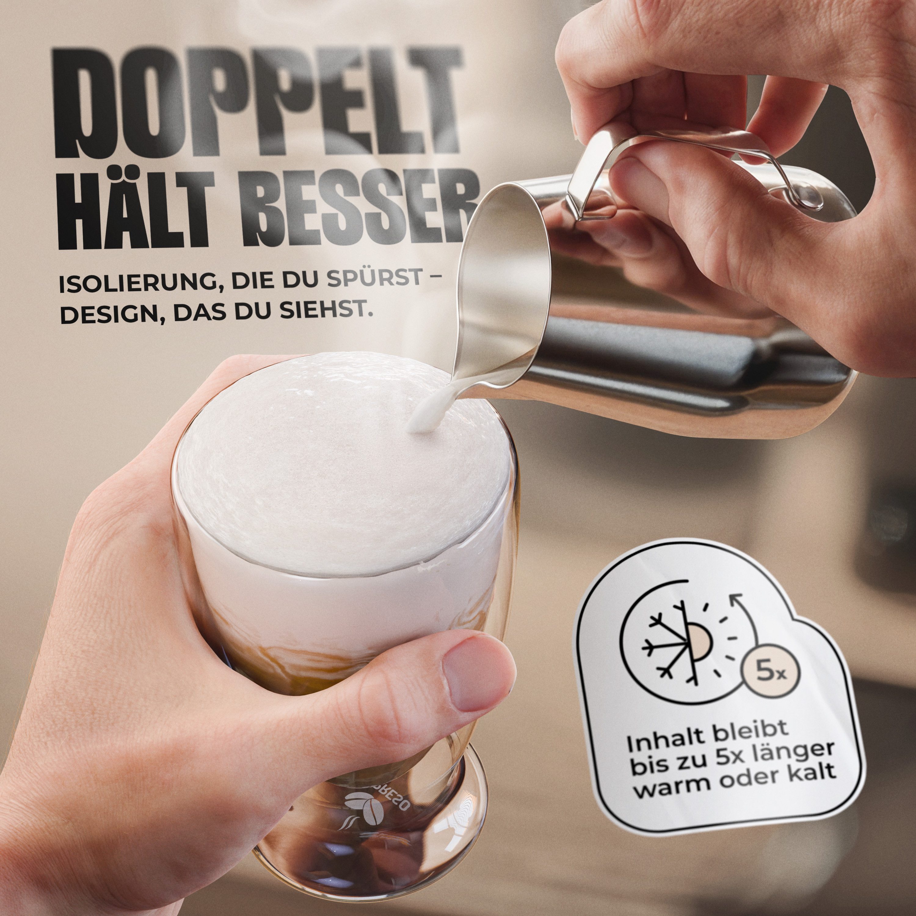 LAPRESO Latte-Macchiato-Glas Doppelwandig Thermogläser Kaffeegläser Set 300 ml, 7-tlg., Borosilikatglas, 6er Set