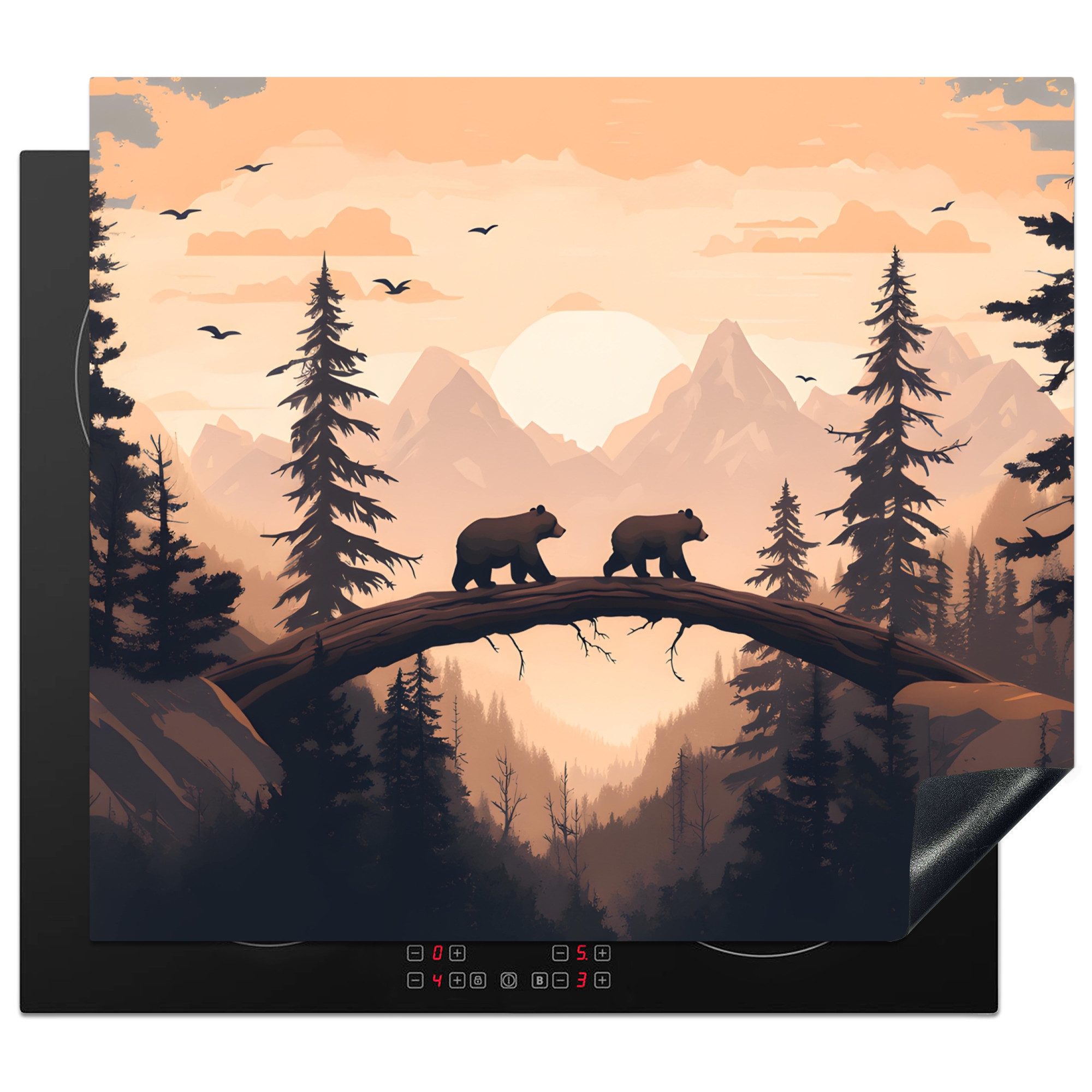 MuchoWow Herd-Abdeckplatte Bären - Bäume - Landschaft - Sonnenuntergang, Vinyl, (1 tlg), Cerankochfeld Abdeckung, Herd Abdeckplatten Vinyl, 58.3x51.3 cm
