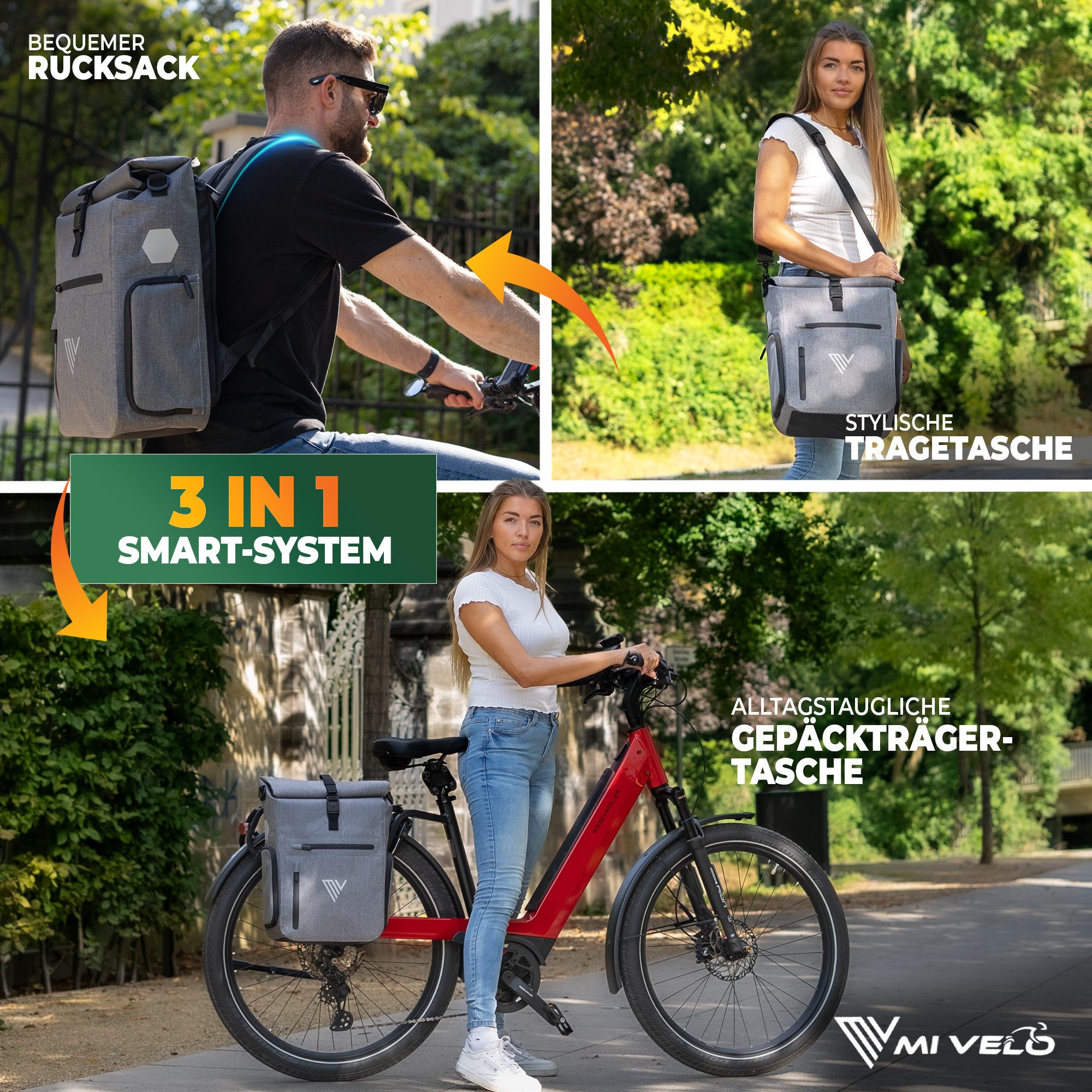 MIVELO Fahrradtasche 3in1 Gepäckträgertasche mit Rucksackfunktion Schultergurt wasserdicht, geräumiges Hauptfach, Außentaschen, Laptopfach