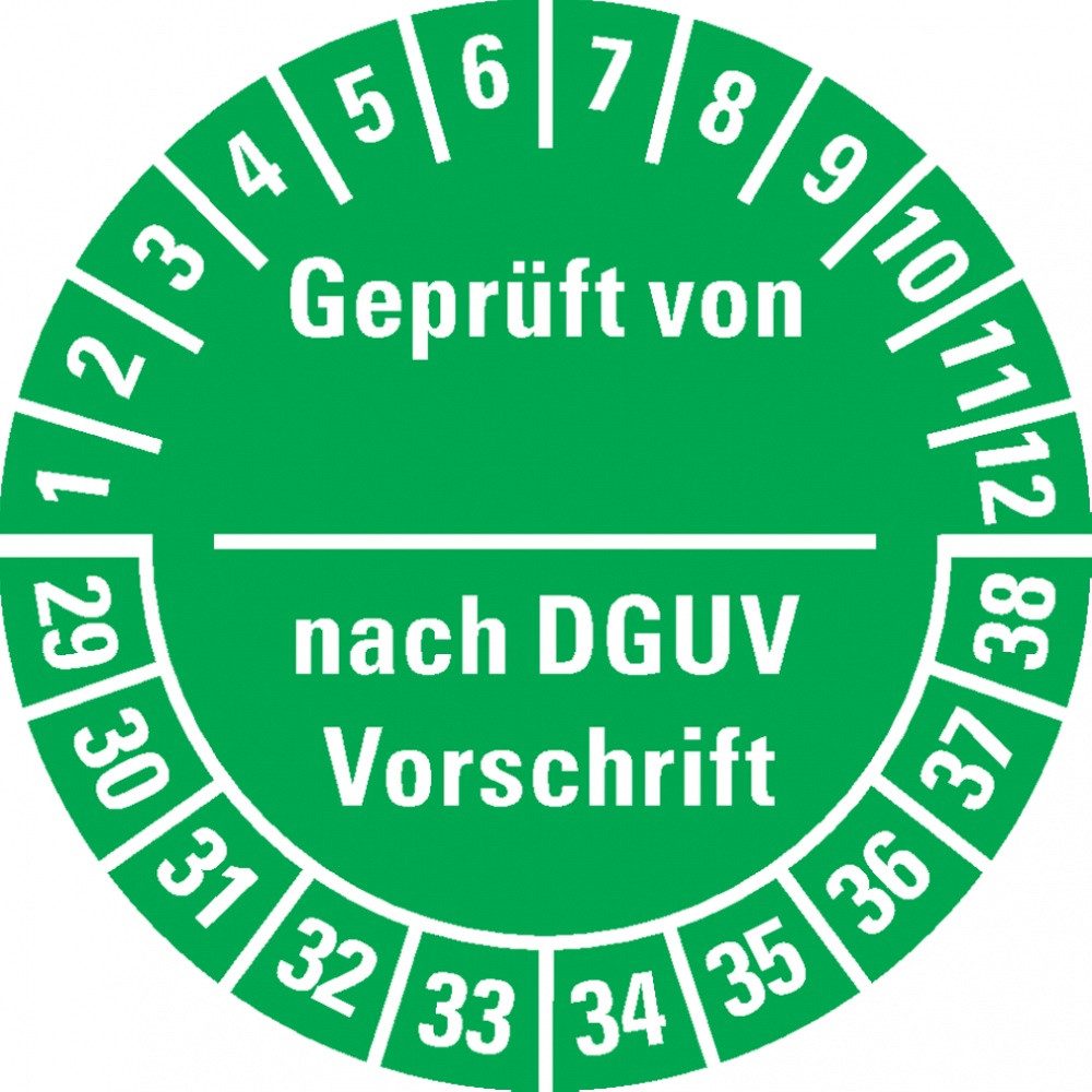 Hinweisschild Prüfplakette Geprüft-DGUV Vorschrift, 29-38, grün, Folie, Ø 30mm, 108/