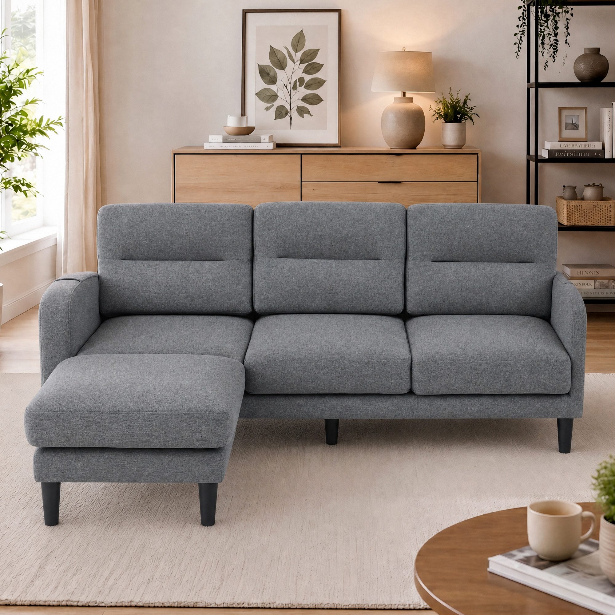 Merax Ecksofa 3-Sitzer Sofa L-Form Couch mit Chaiselongue, 204 × 136 × 80 cm 1 Teile, Modulares Sofa mit Aufbewahrungstasche, Hocker & Armlehnen