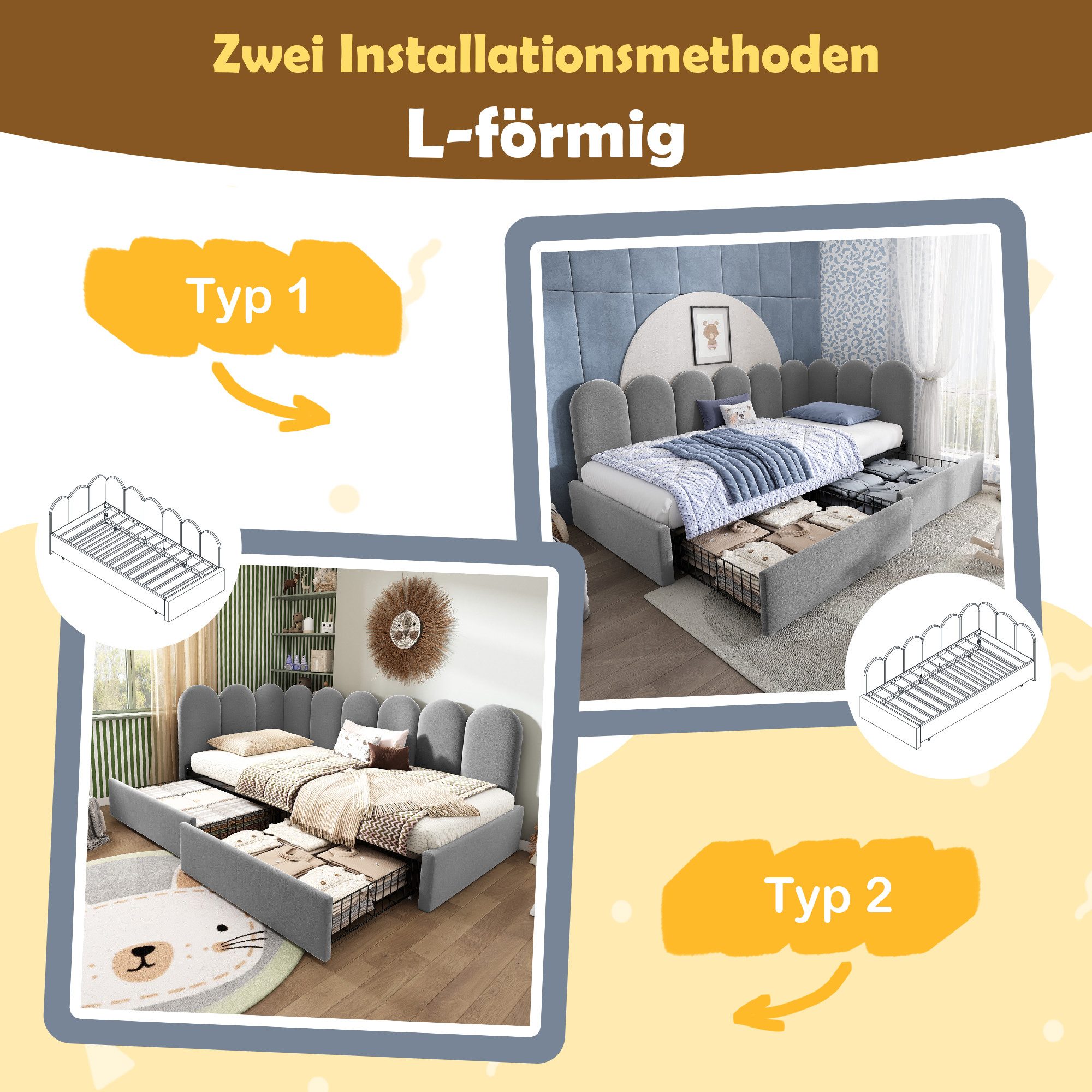 Odikalo Schlafsofa Polsterbett 90x190 Schlafcouch mit Schubladen, mit Schubladen Stauraumbett Samt Daybett Tagesbett Schlafsofa 90x190cm mit Lattenrost Jugendbe – Bild 4 von 5